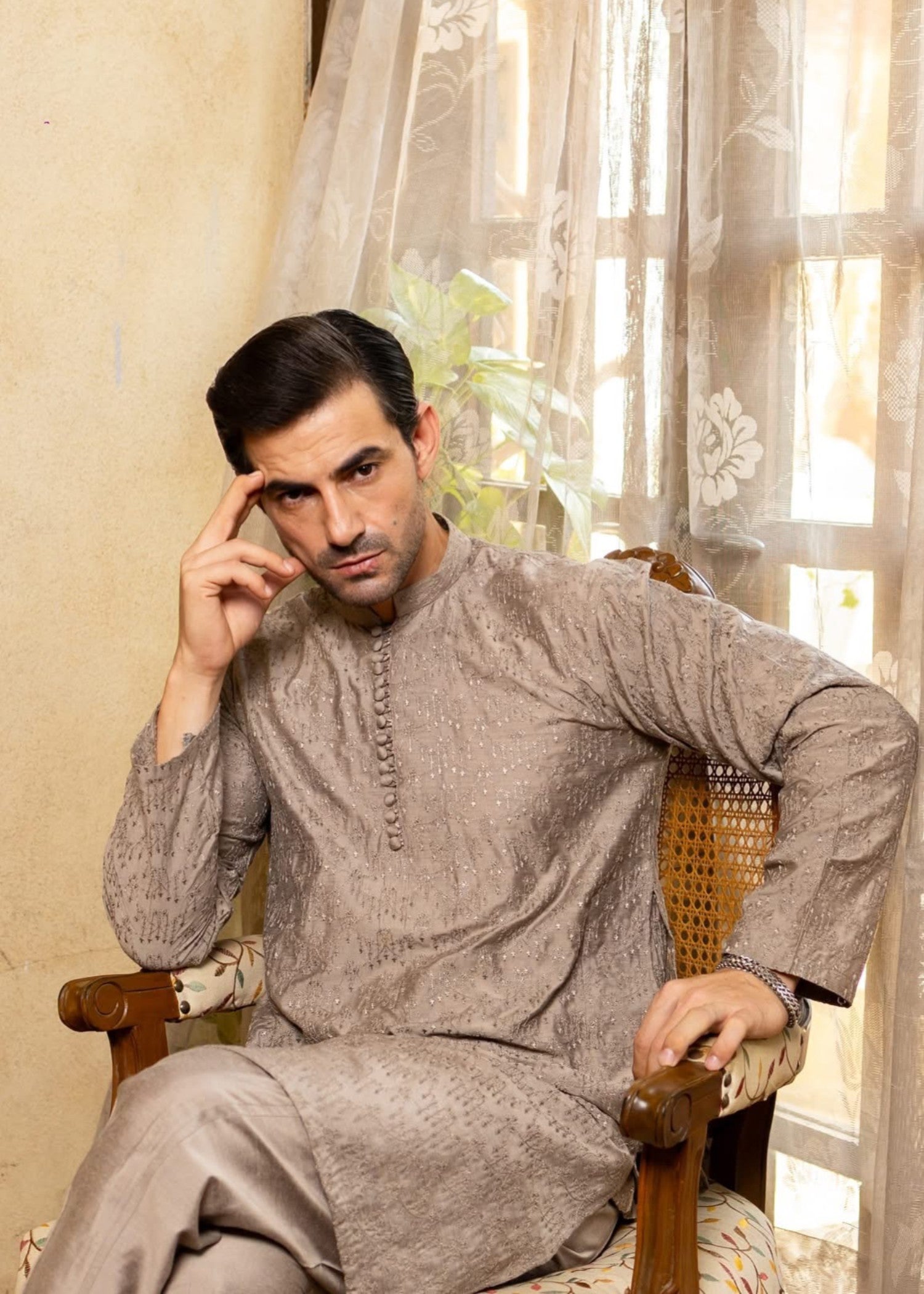 cotton silk Kurta Set in Timberwolf