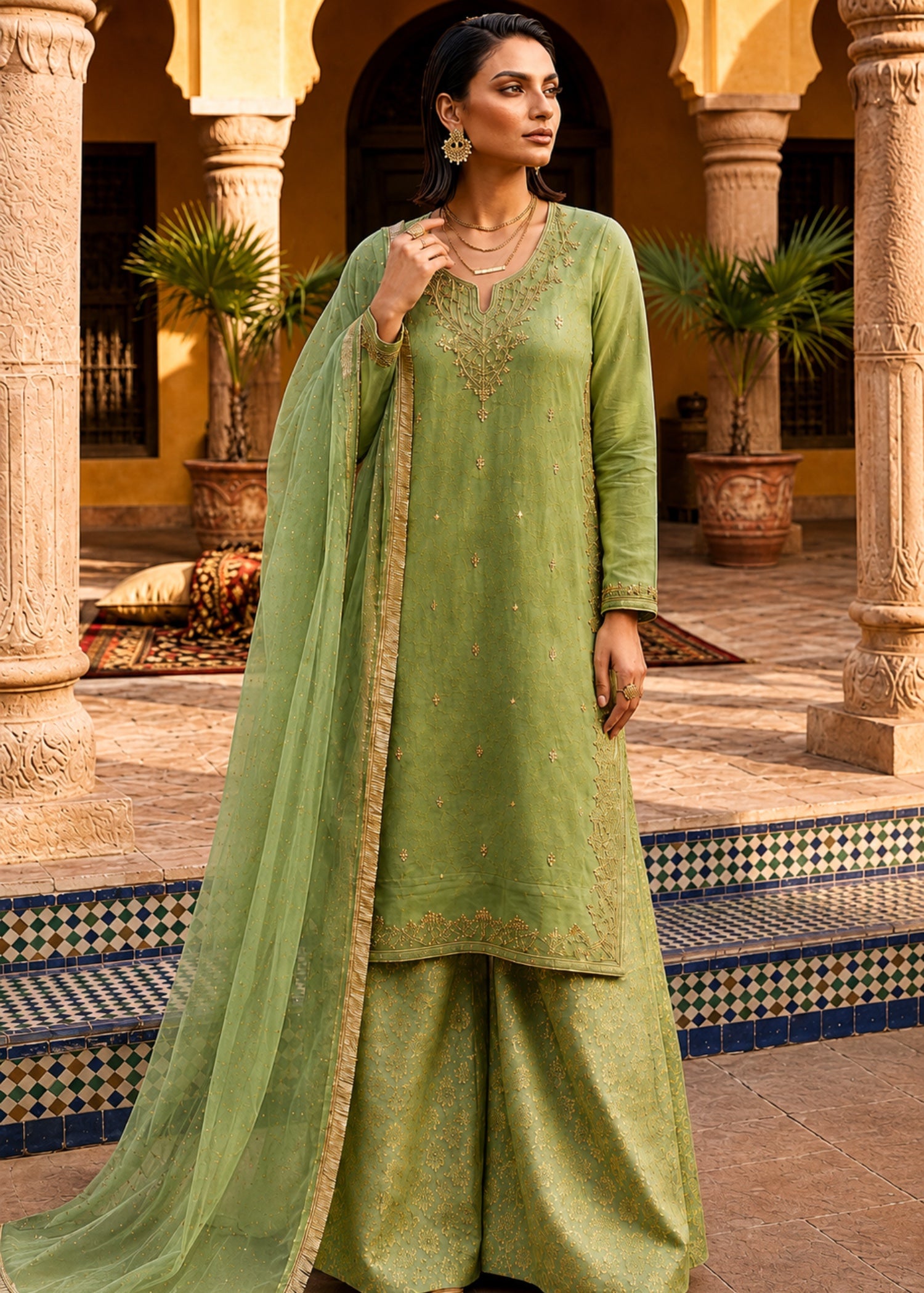 tissue Kurta Set in Pistachio green