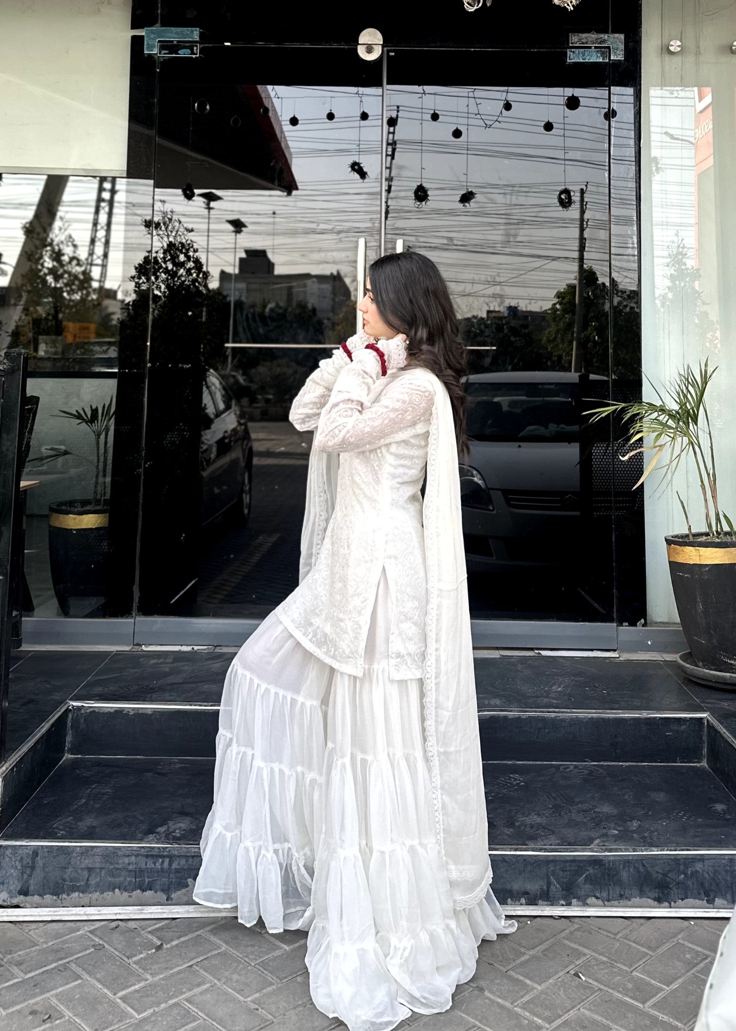 bemberg crinkle chiffon Gharara in Off-white