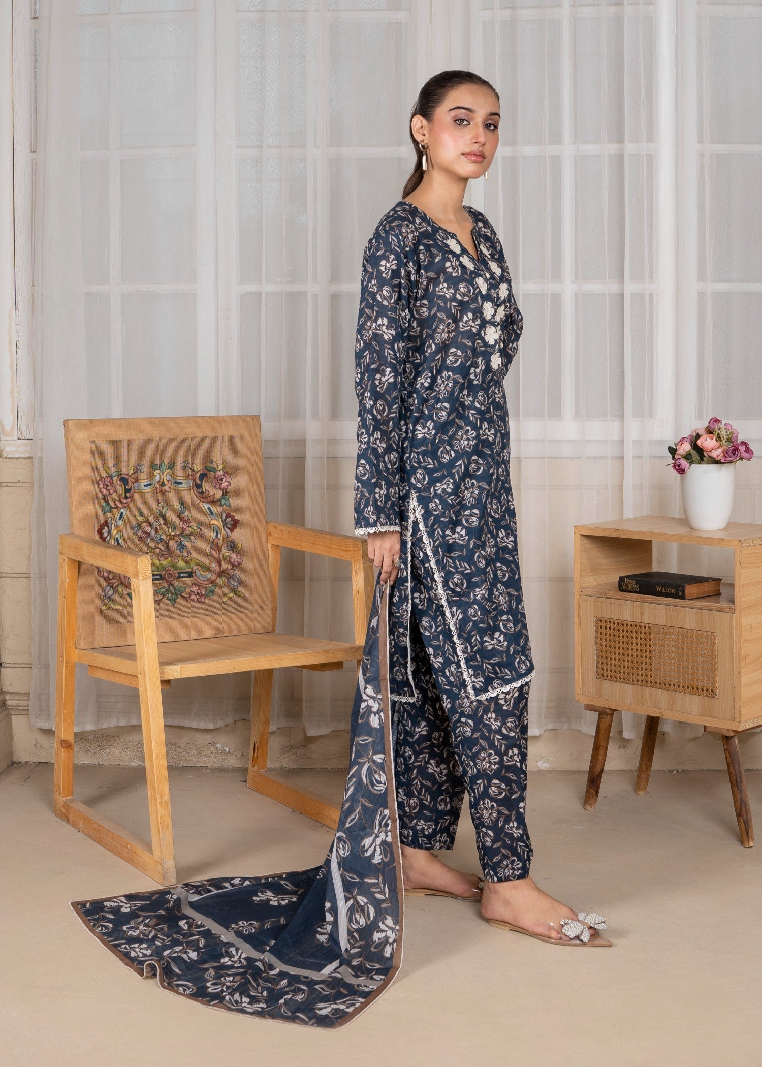textured lawn Kurta Set in Twilight blue
