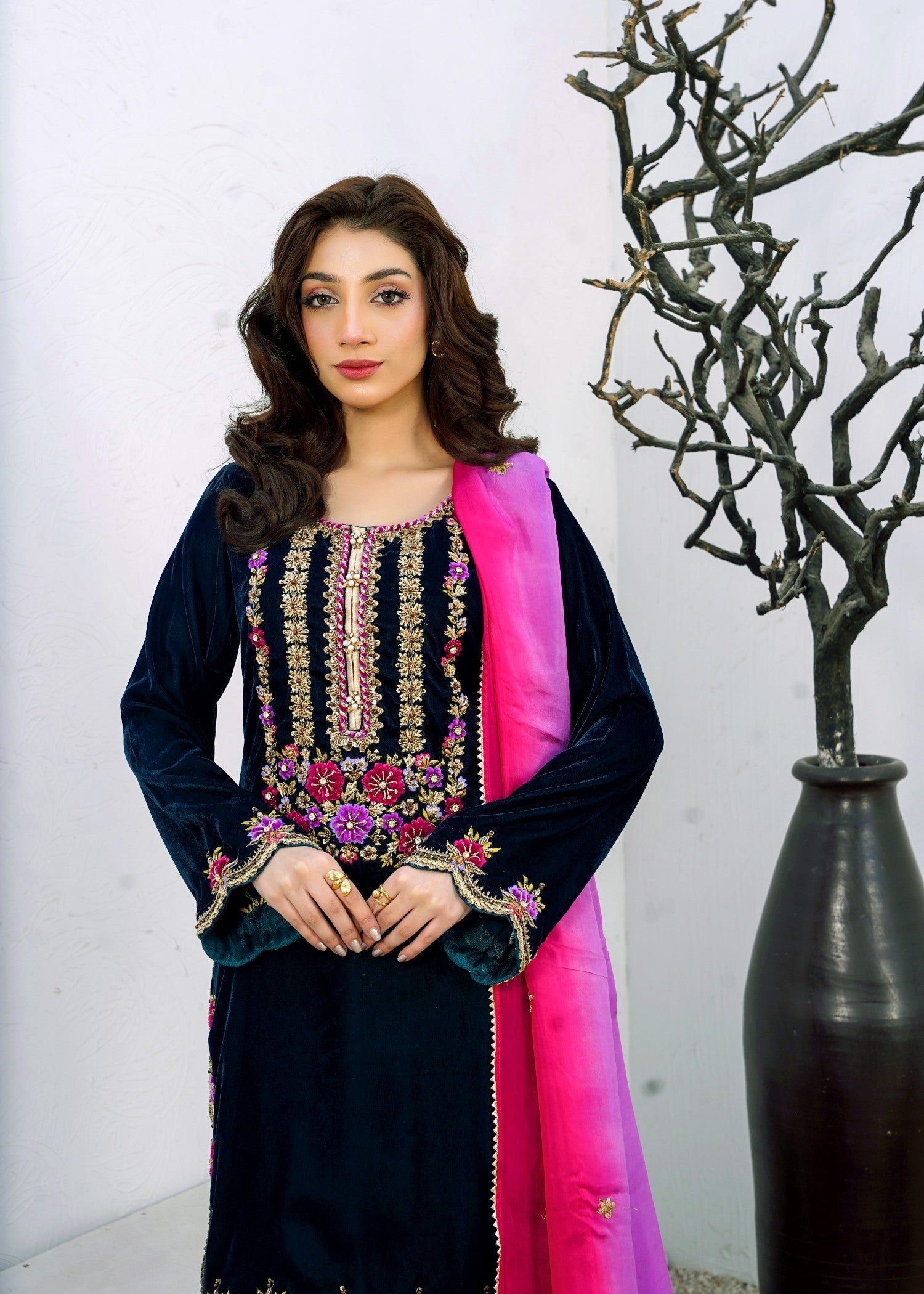 velvet Kurta Set in Twilight blue