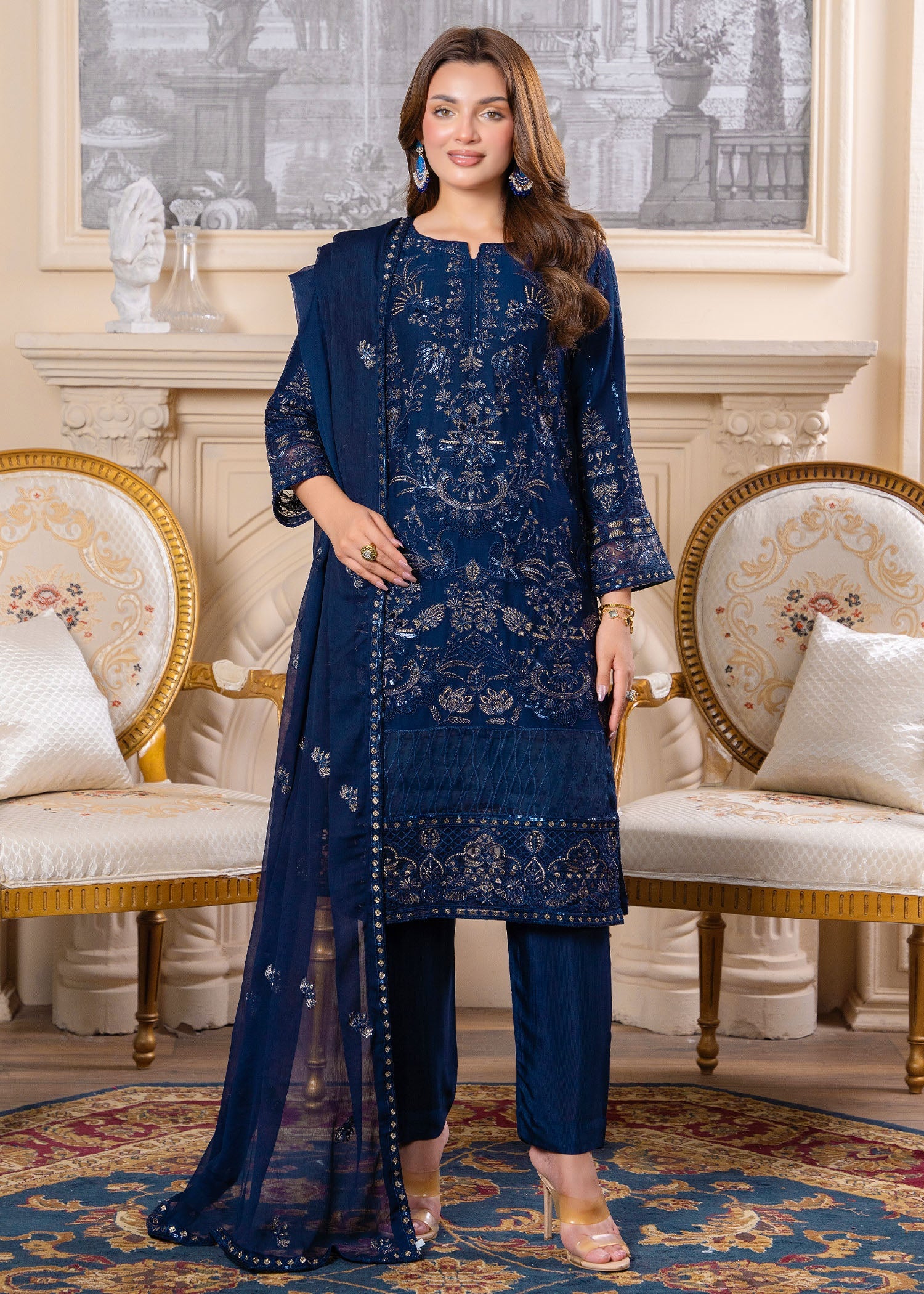 crinkle Kurta Set in Navy blue