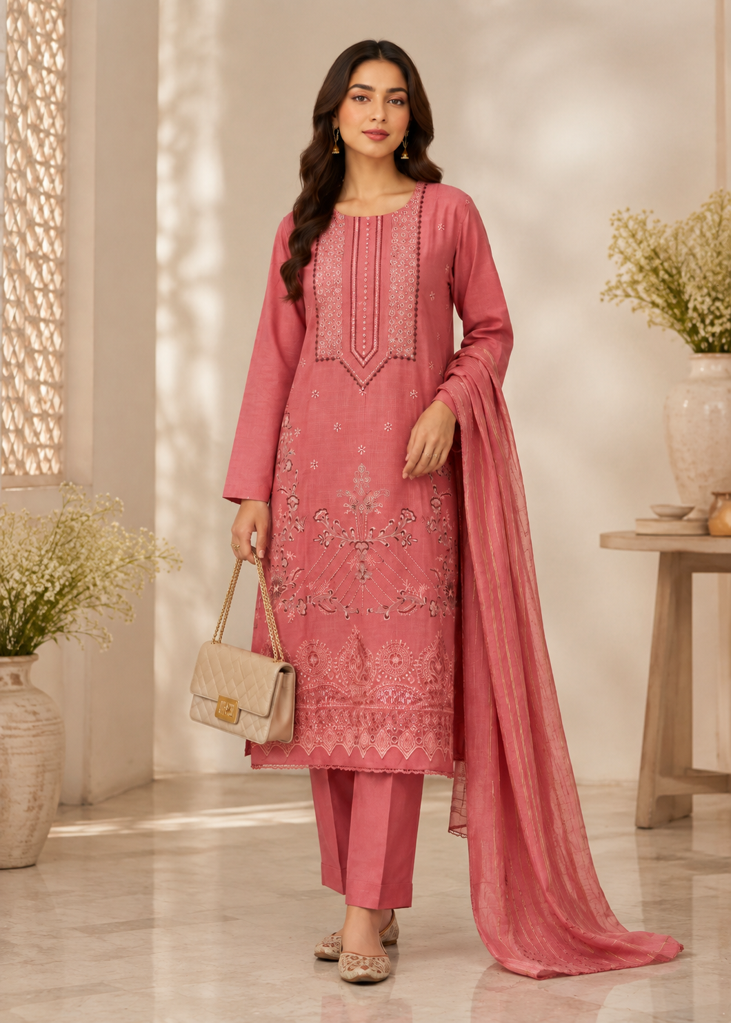 lawn cotton Kurta Set in Bubblegum pink