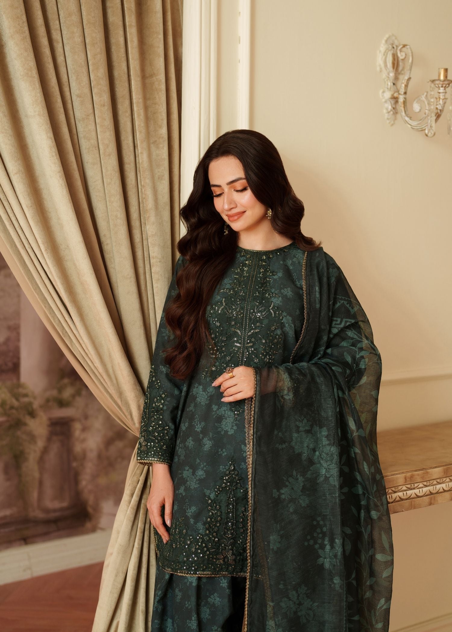 twill khaddar Kurta Set in Green