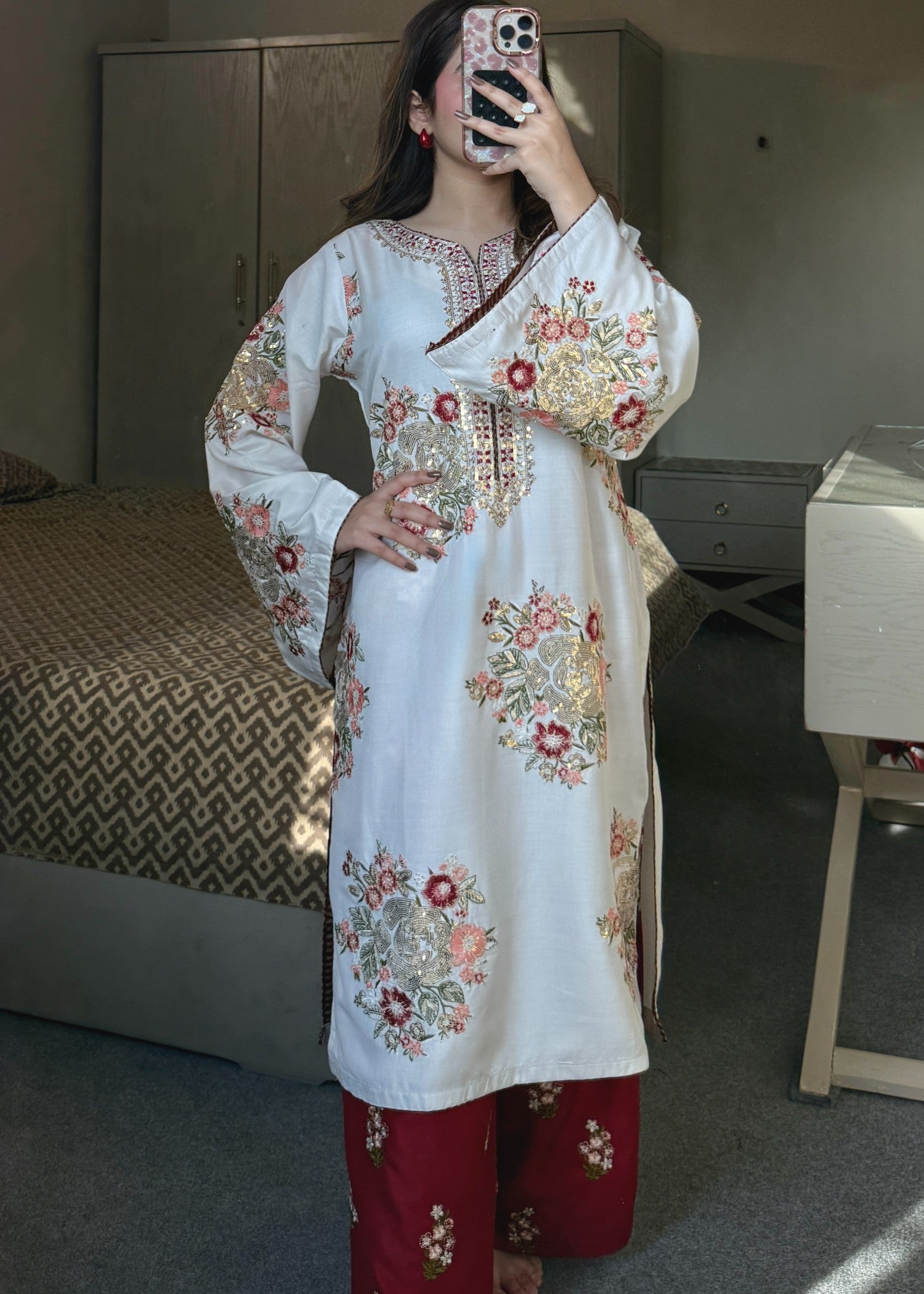 lawn Kurta Set in Maroon, white