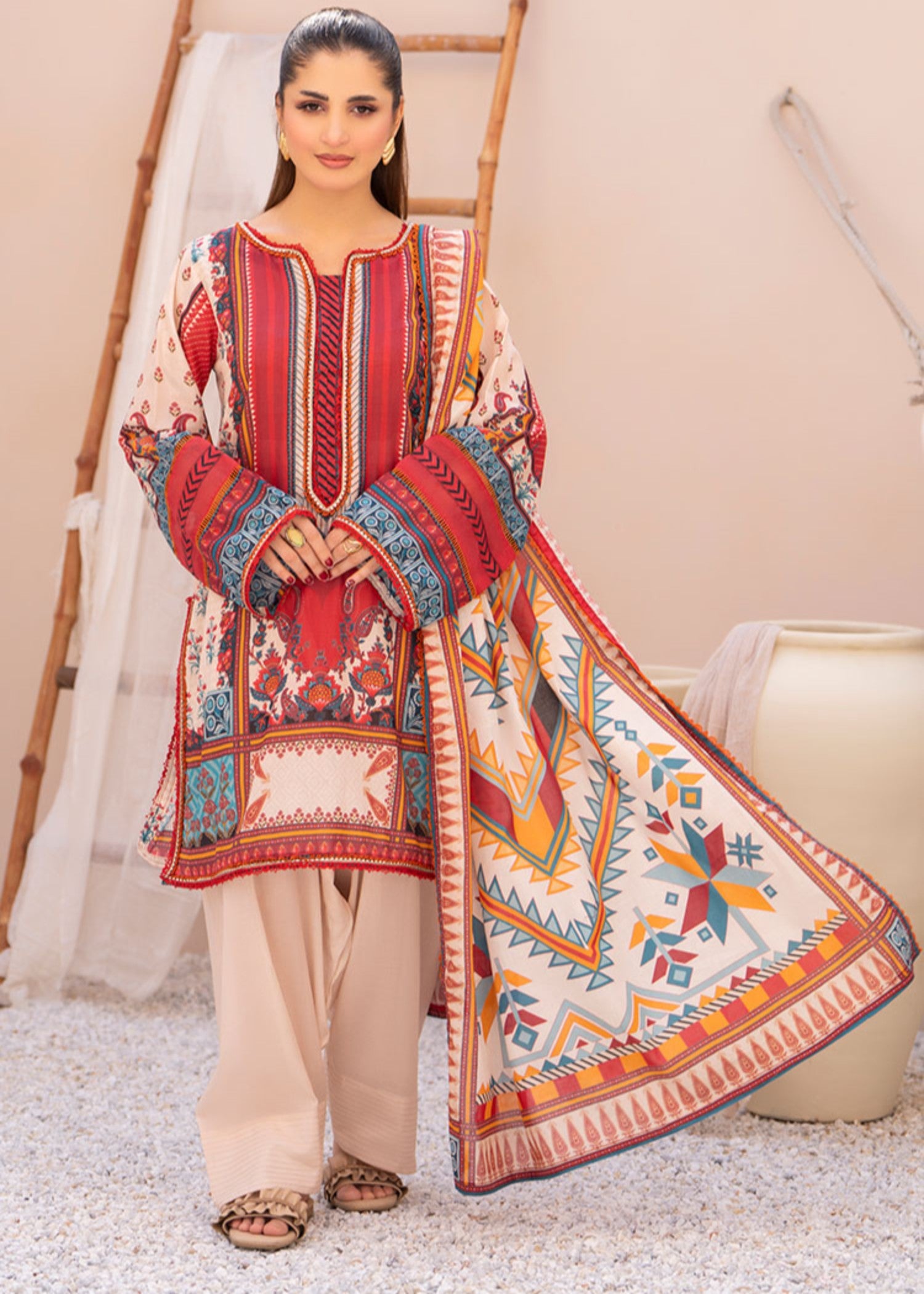 lawn Unstitched in Coral red