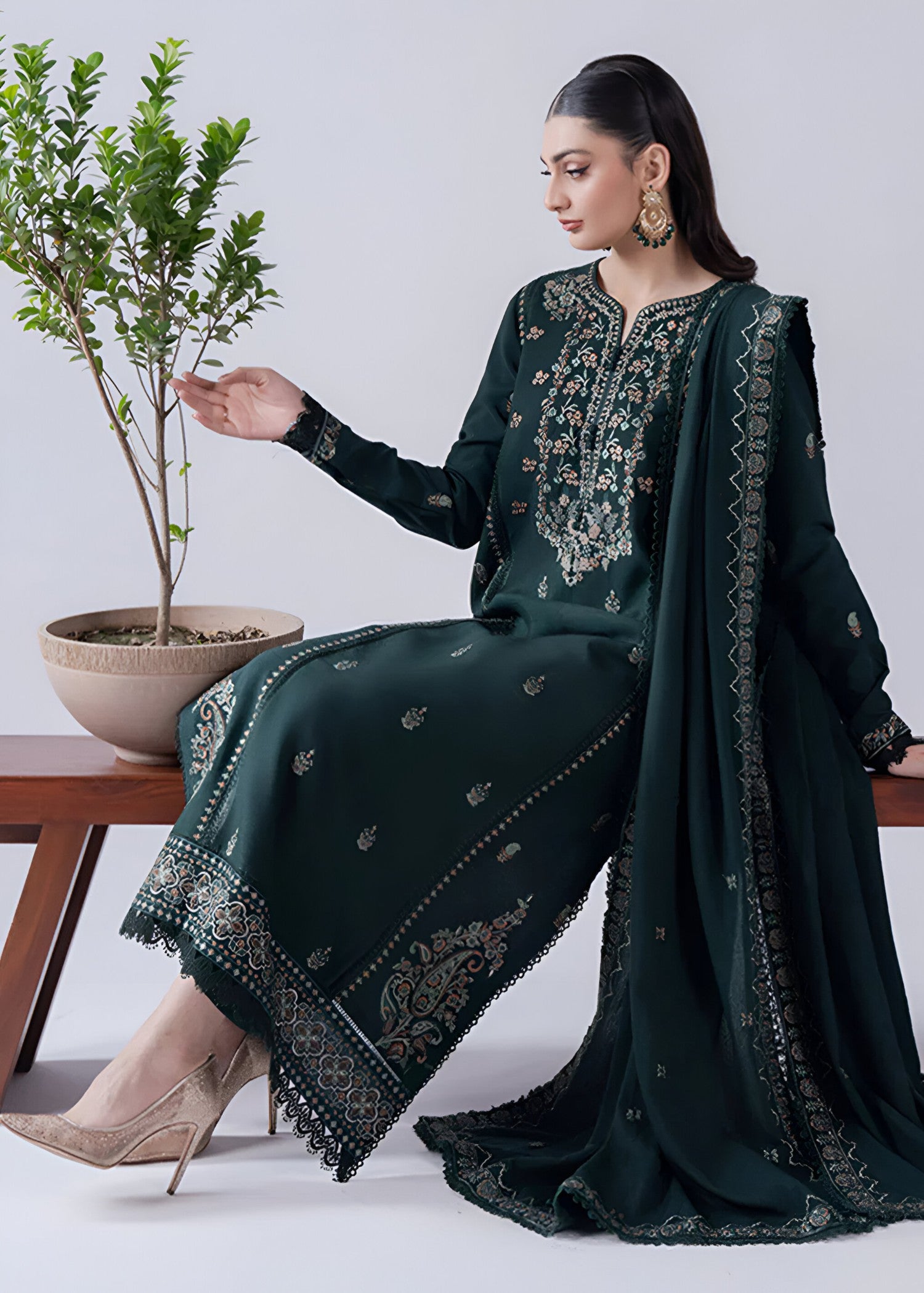 dhanak Kurta Set in Dark green