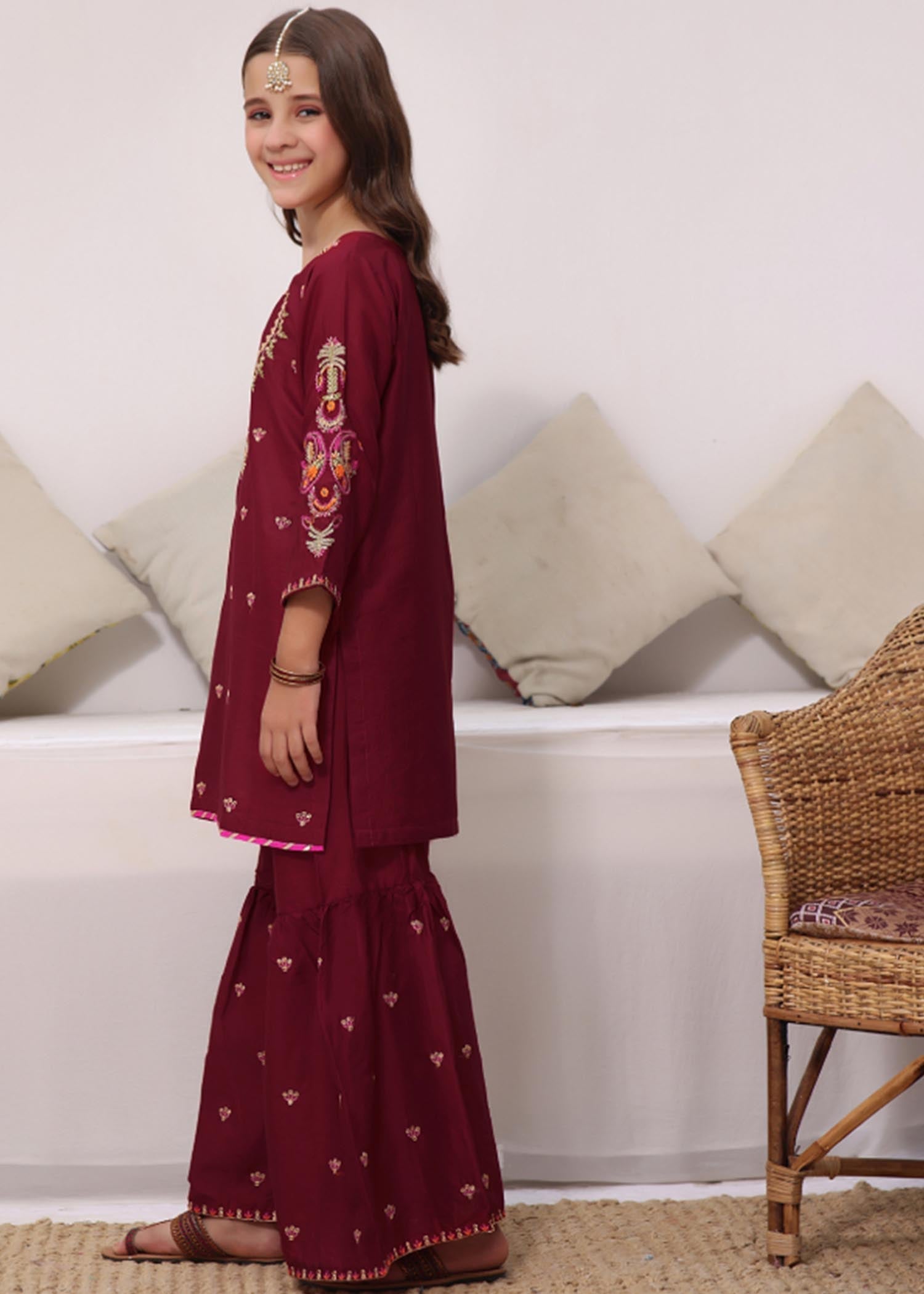 lawn Gharara in Maroon