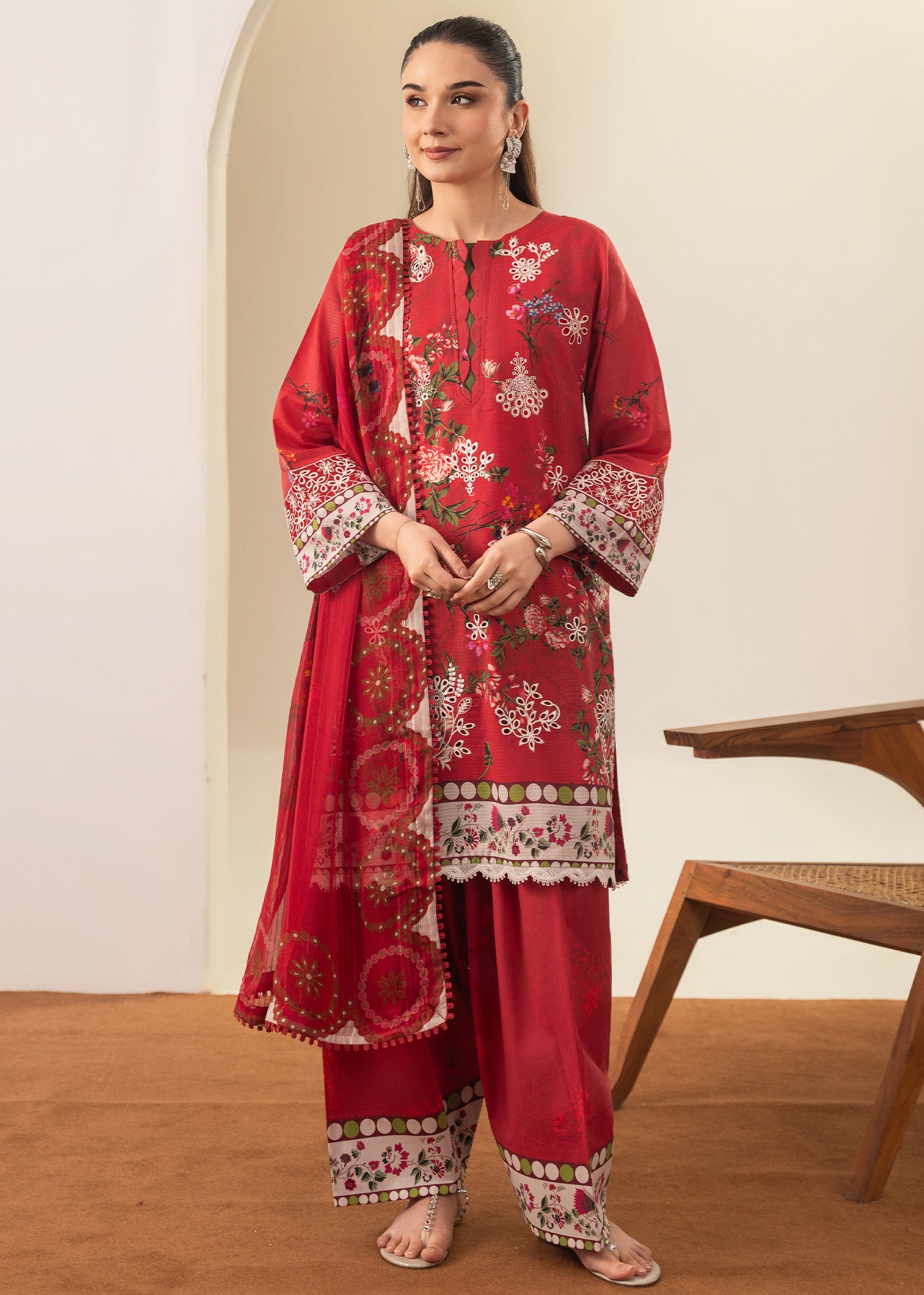 ribbed lawn Kurta Set in Red