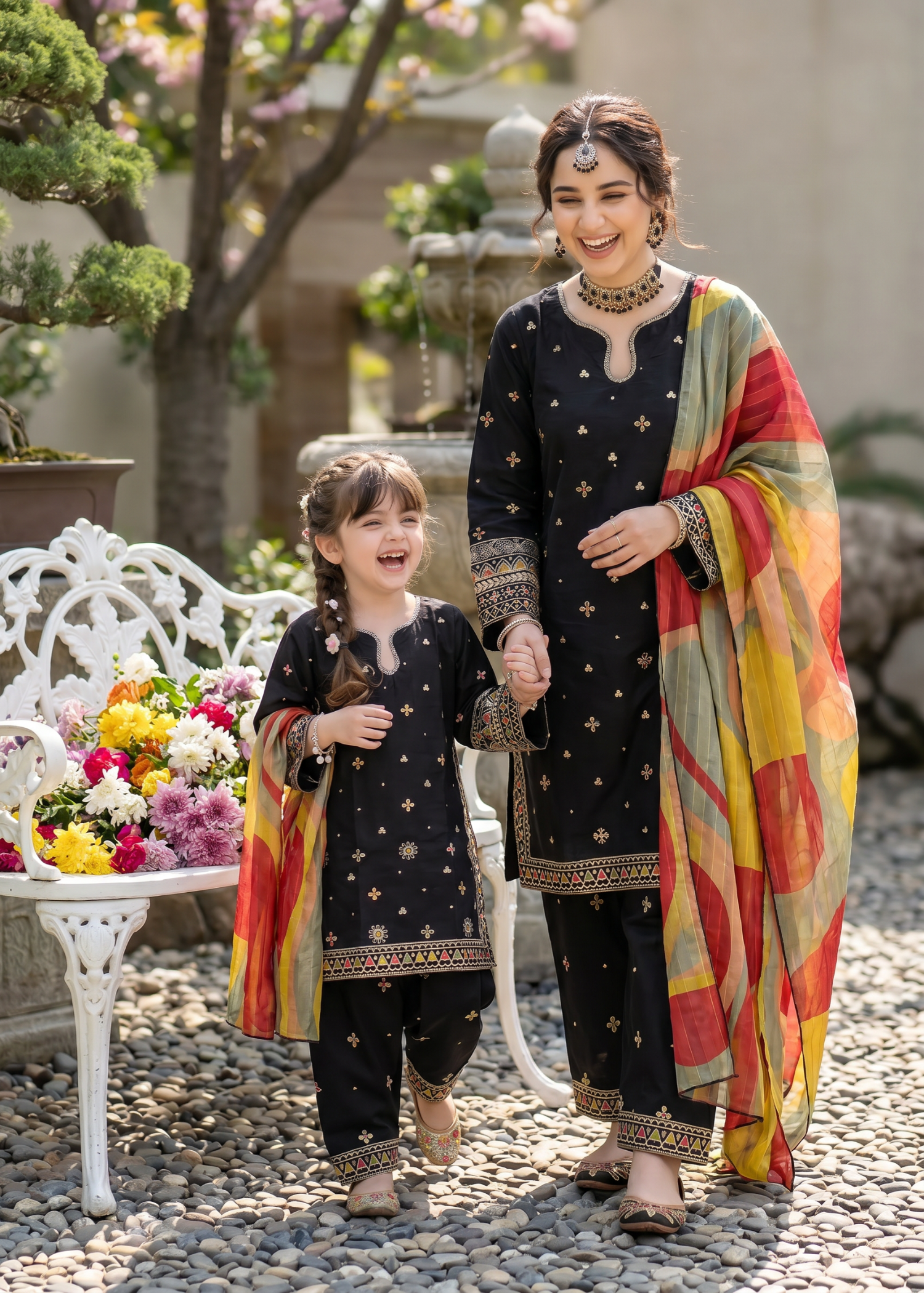 lawn Kurta Set in Black, multi