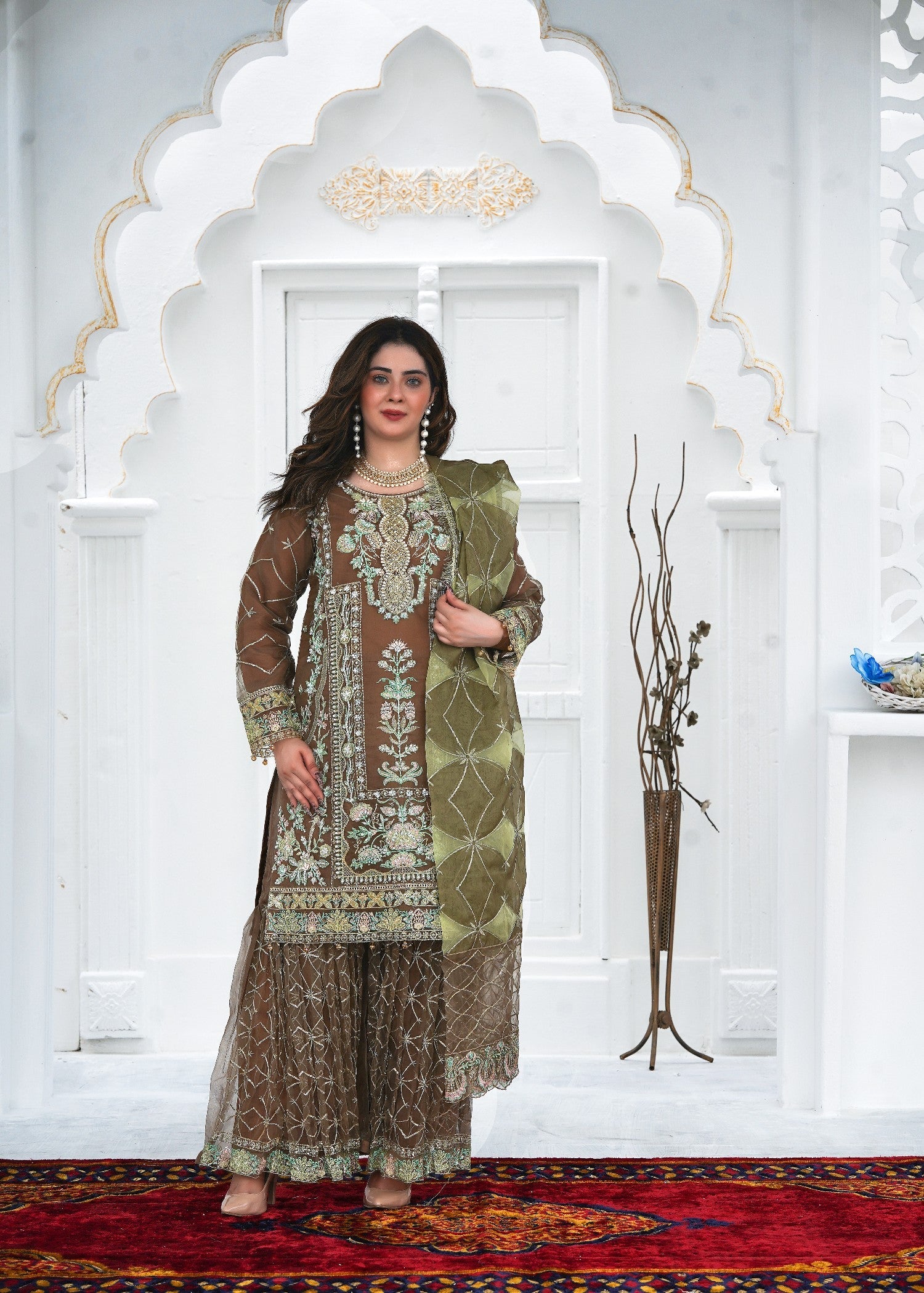 organza Gharara in Brown