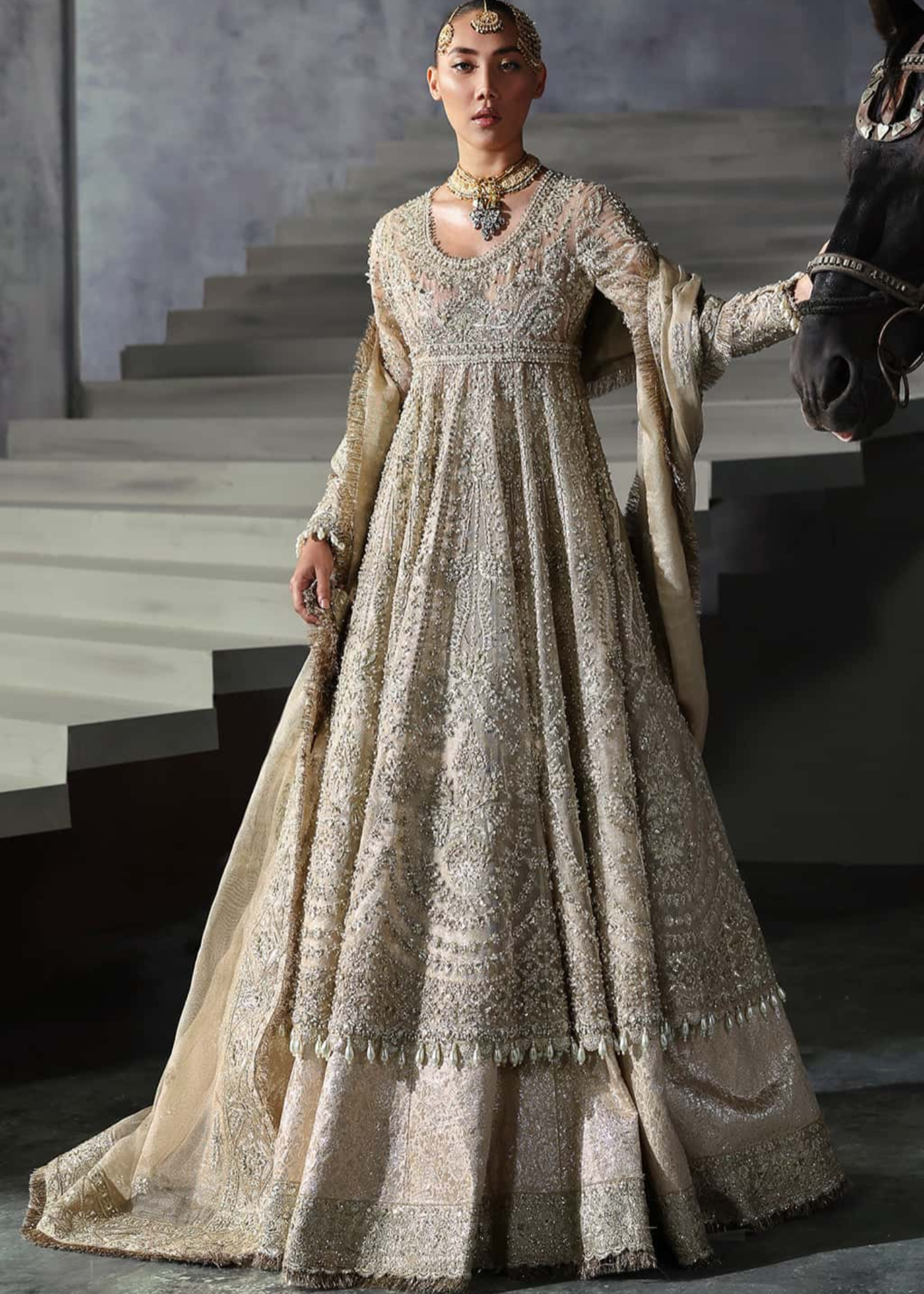 khaddi net Lehenga in Champagne