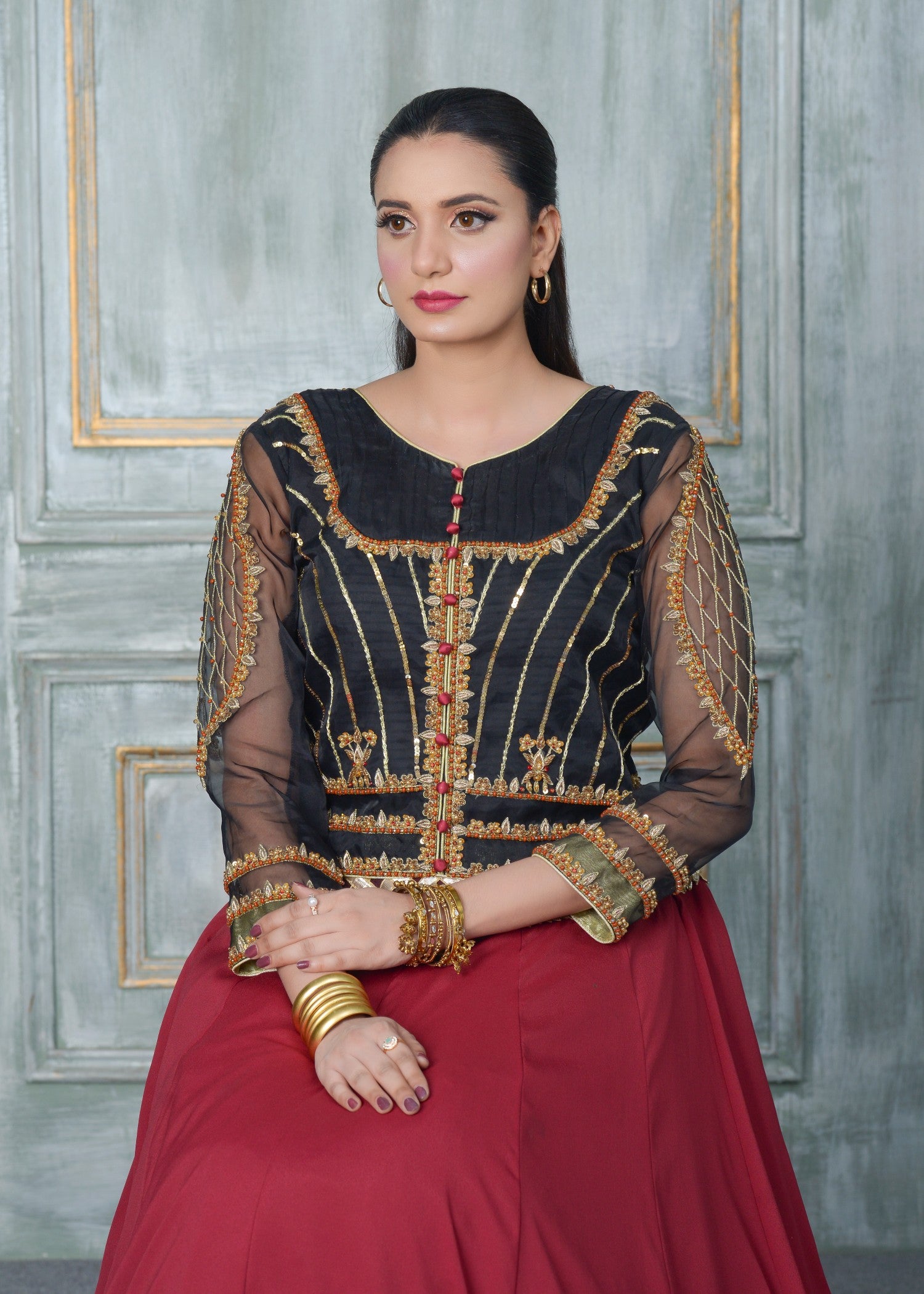 organza Lehenga in Black, maroon