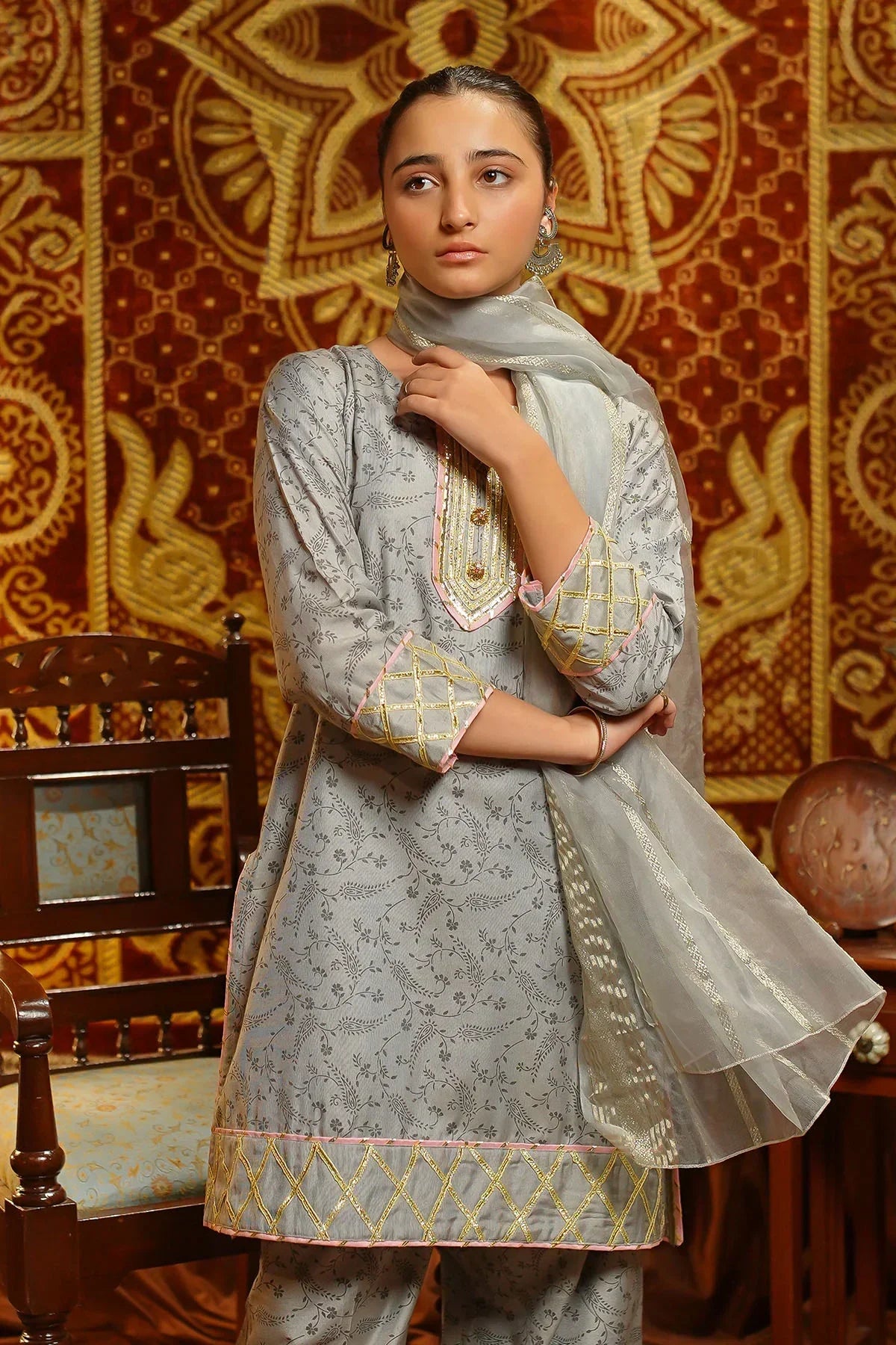 jacquard Kurta Set in Ash grey