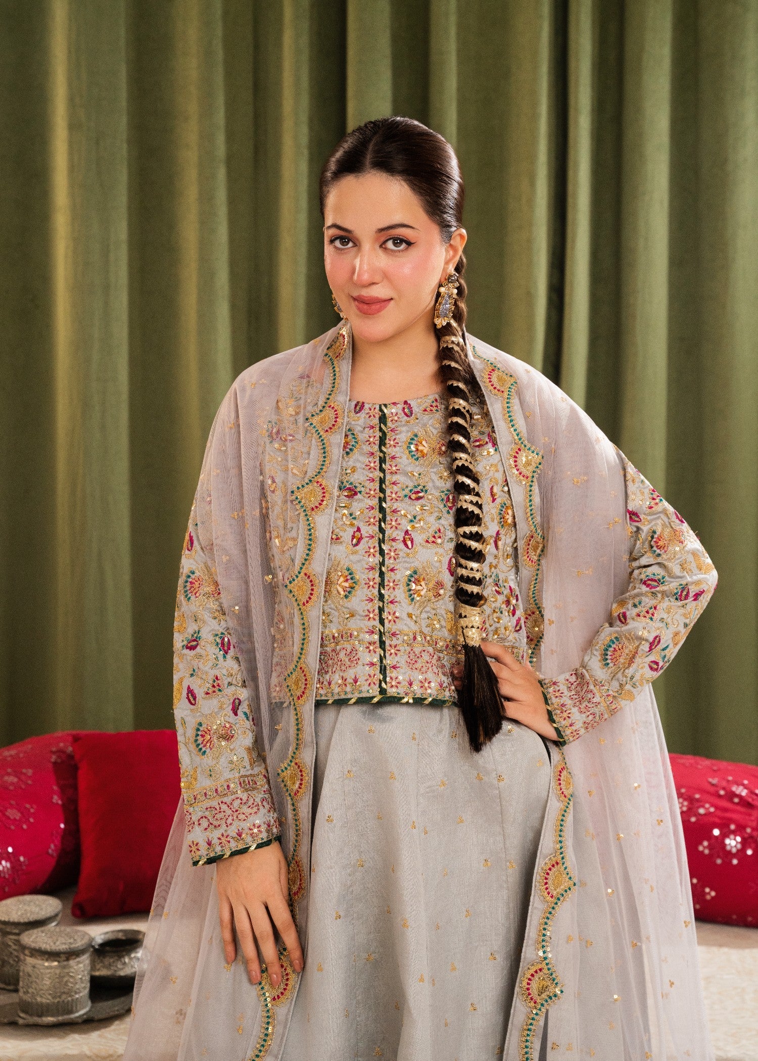 raw silk Lehenga in Pastel grey
