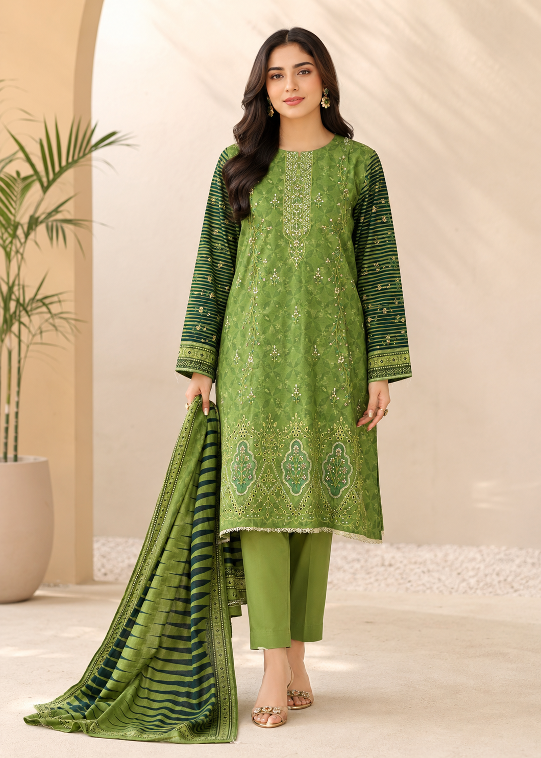 lawn Kurta Set in Lawn green