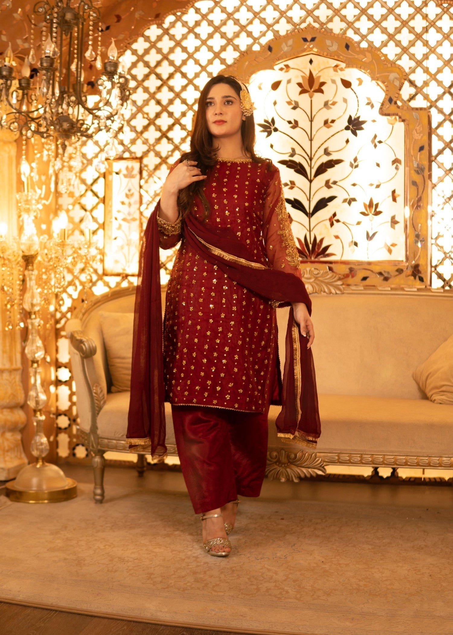 poly organza Kurta Set in Maroon