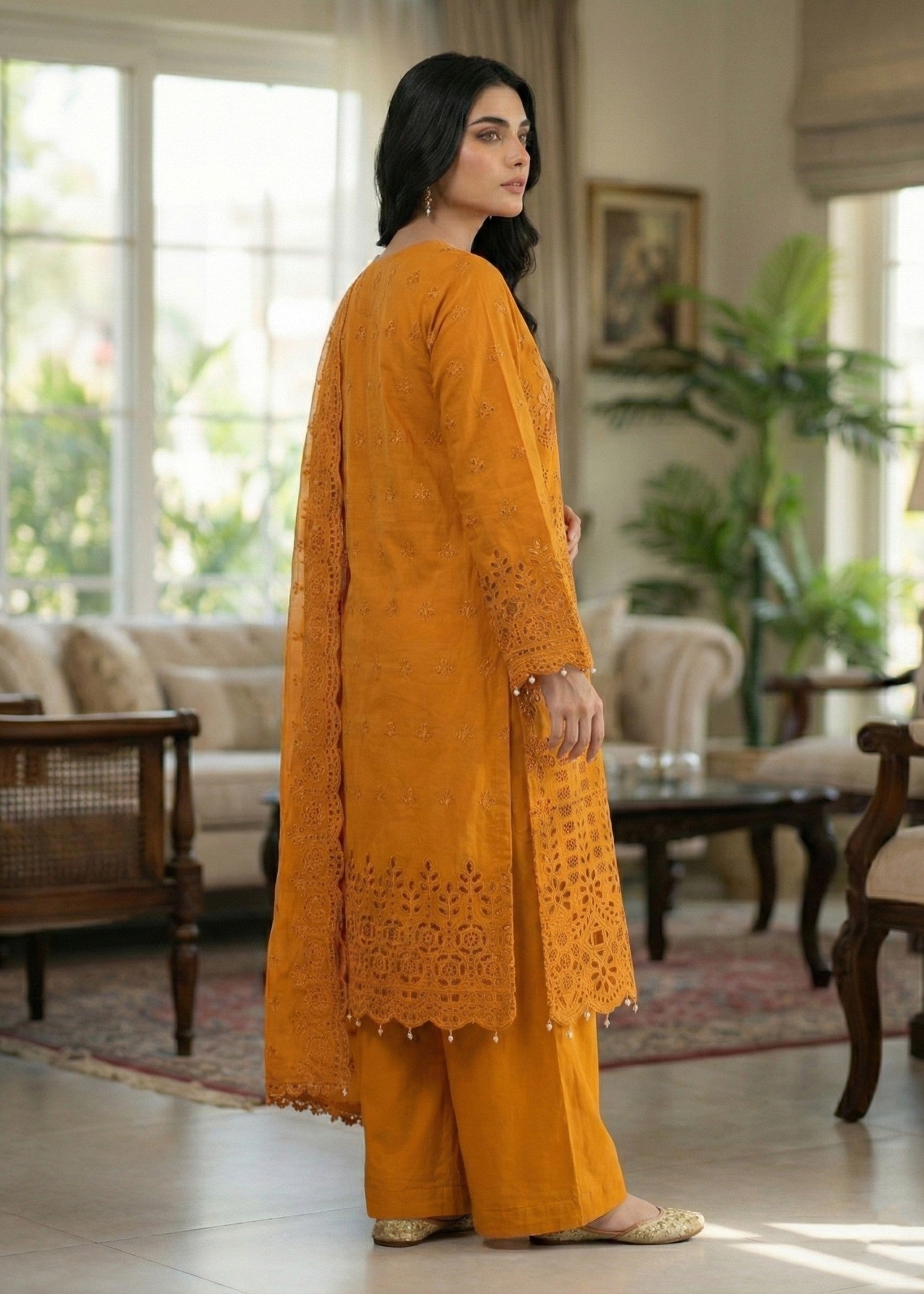 chikankari cotton Kurta Set in Mustard