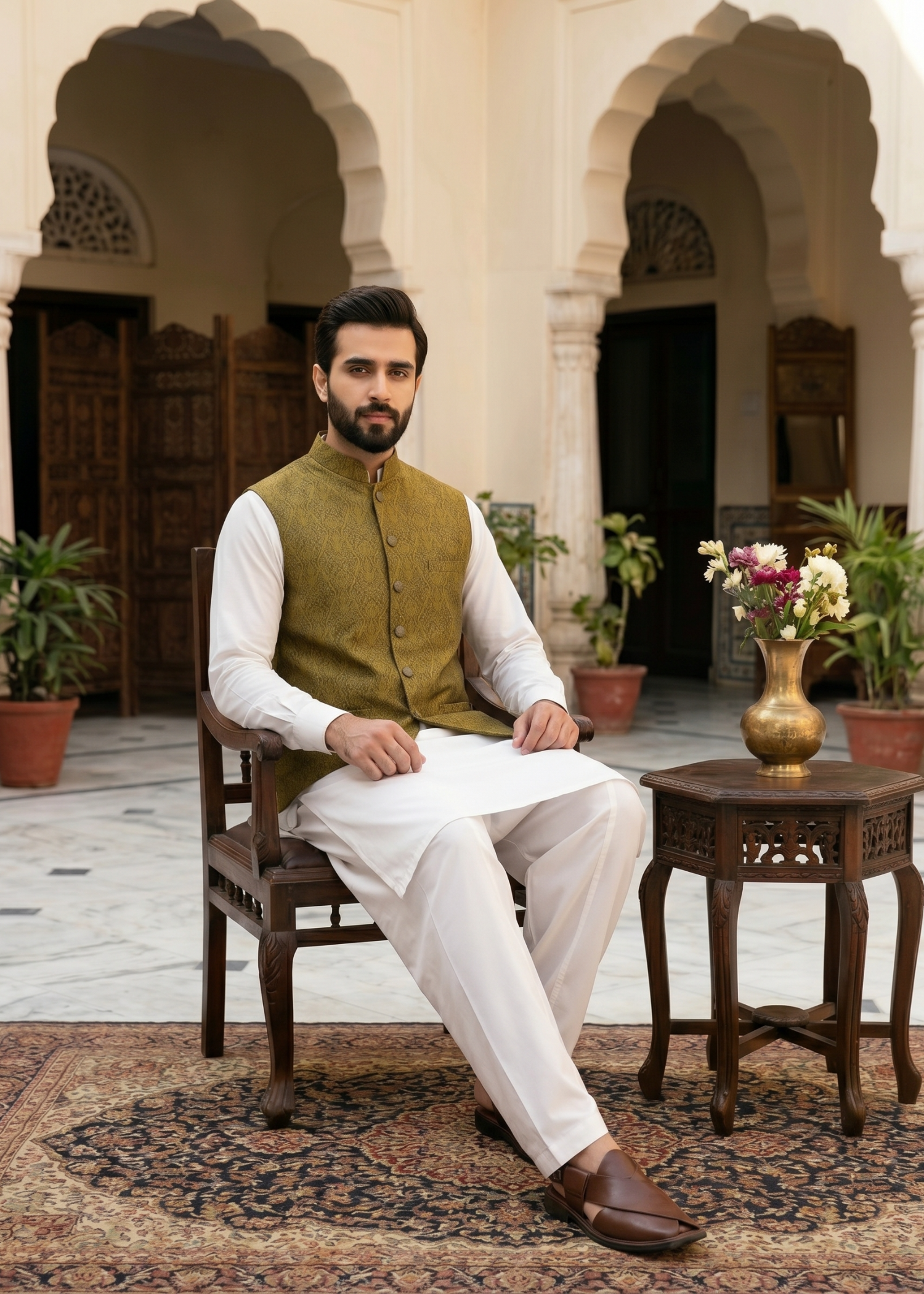 banarsi silk Waistcoat in Olive green