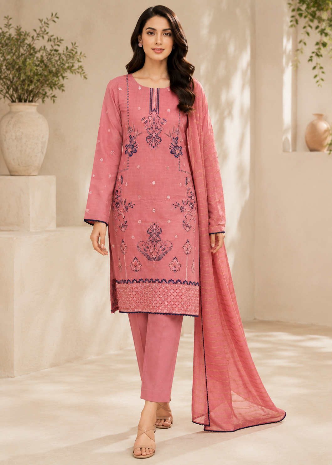 cotton Kurta Set in Coral pink