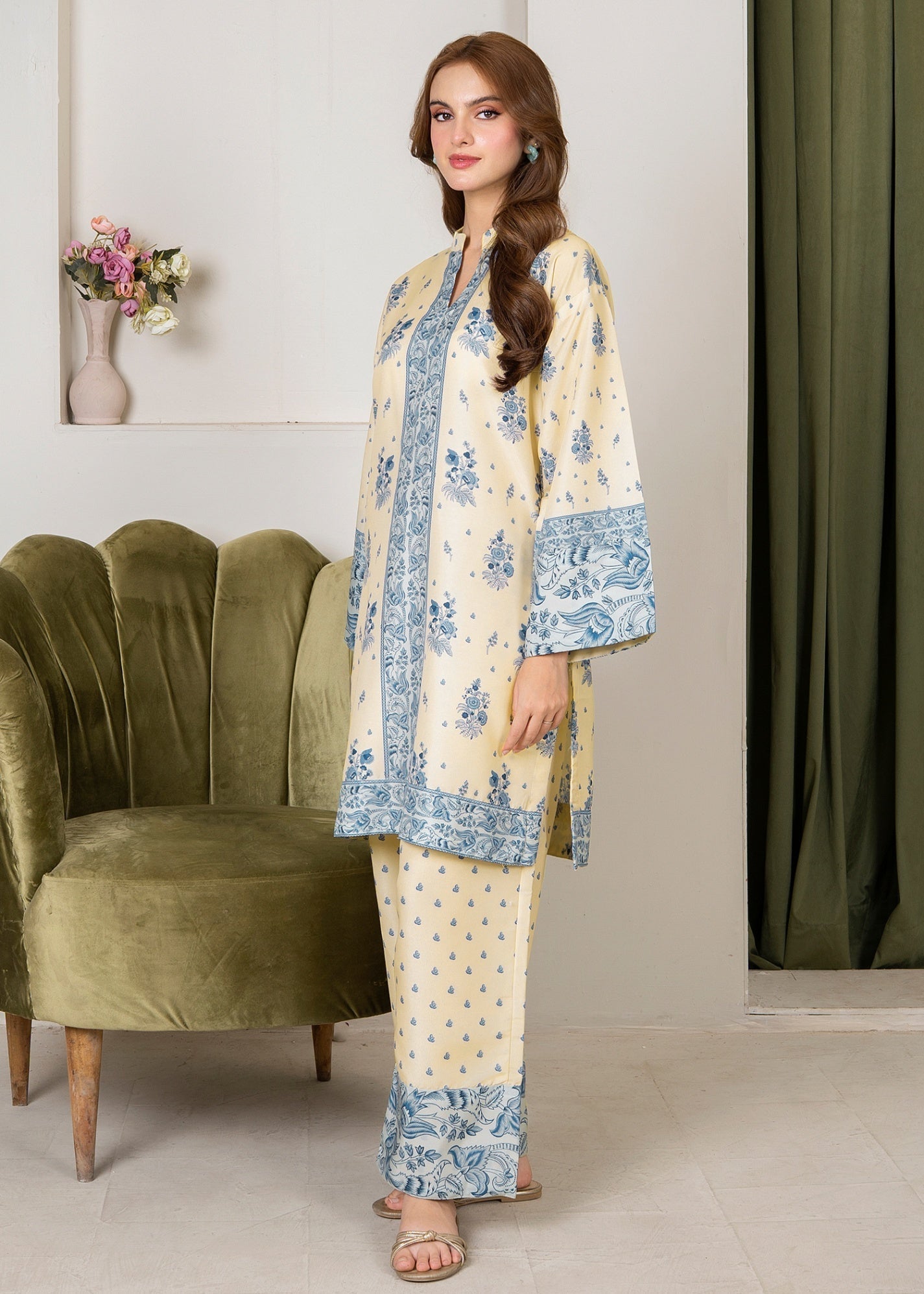 silk finish lawn Co Ord Sets in Butter