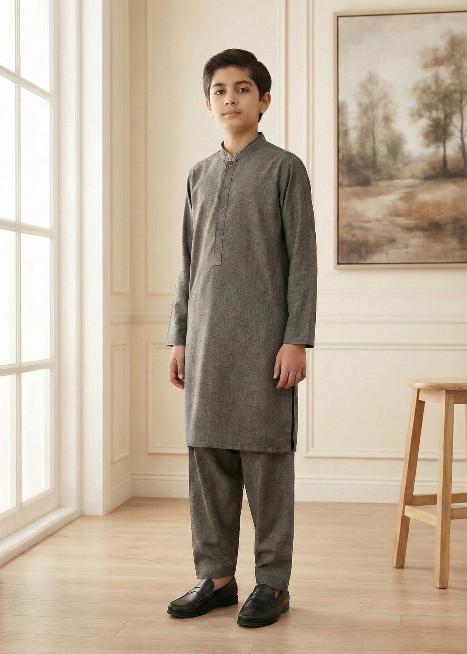 textured wash & wear Kurta Set in Grey