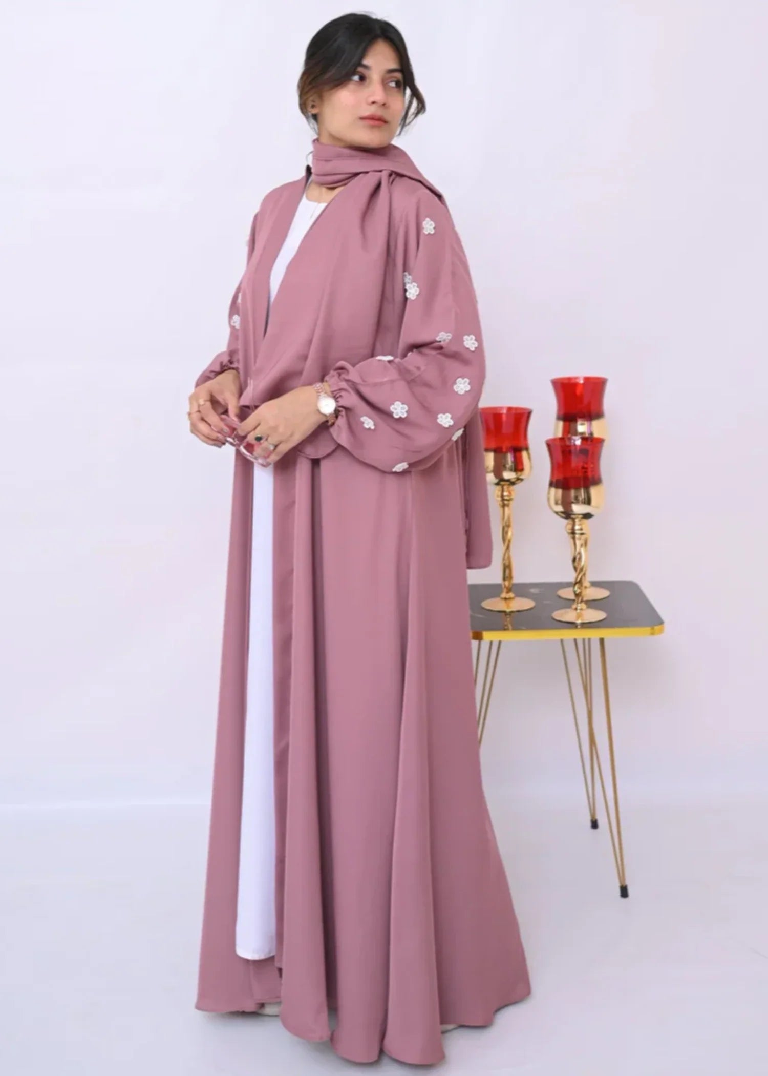 georgette Abaya in Tea rose pink