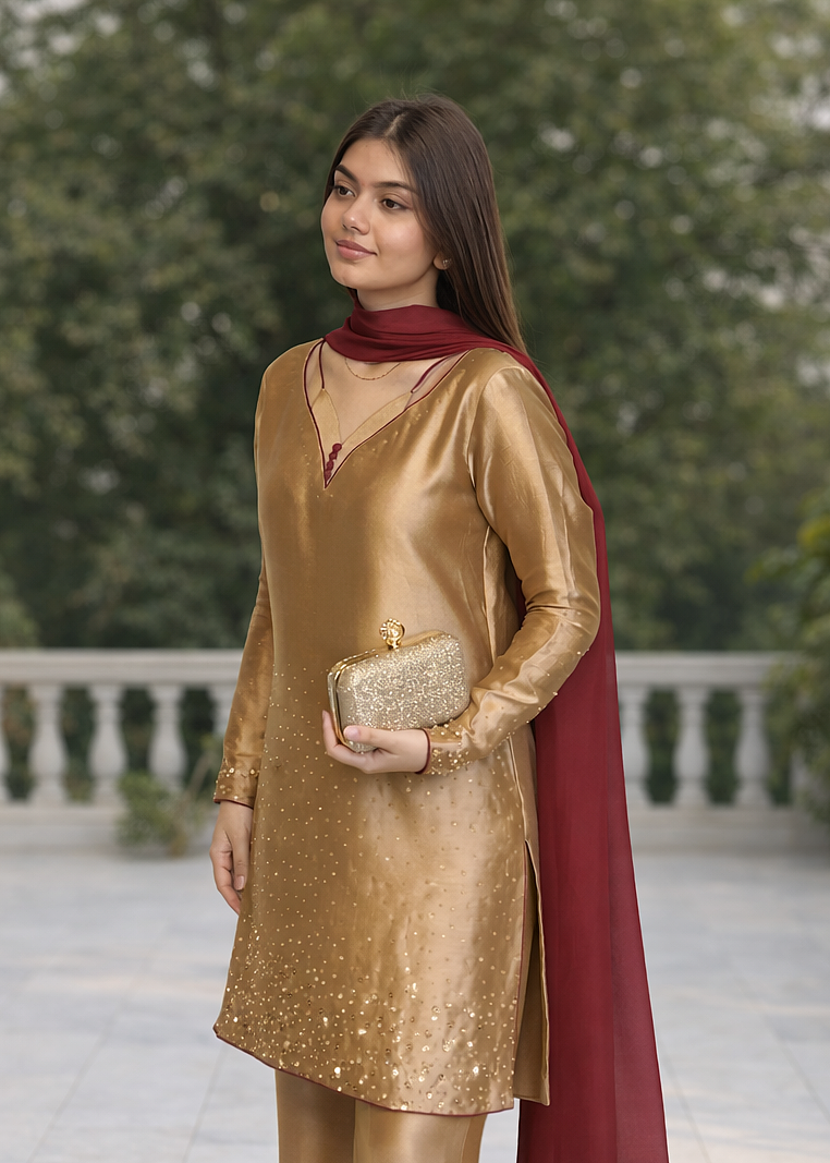 tissue silk Kurta Set in Almond brown