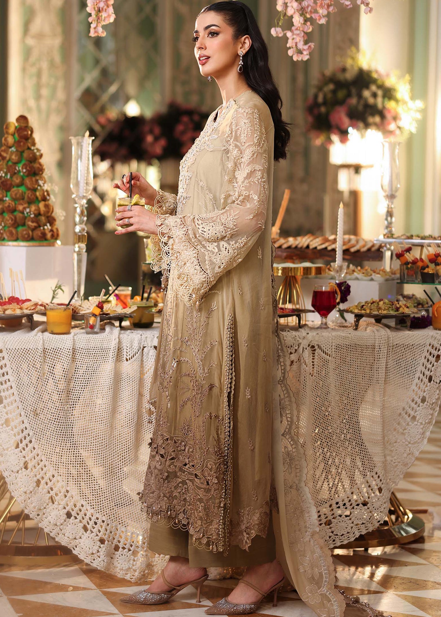 chiffon Unstitched in Coffee brown, ivory