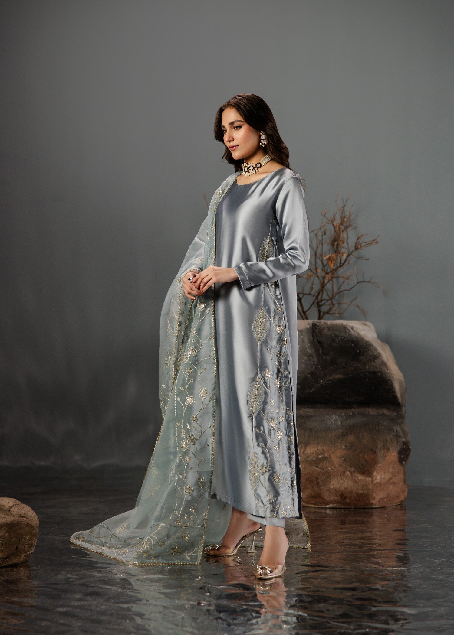 silk Kurta Set in Duck egg grey