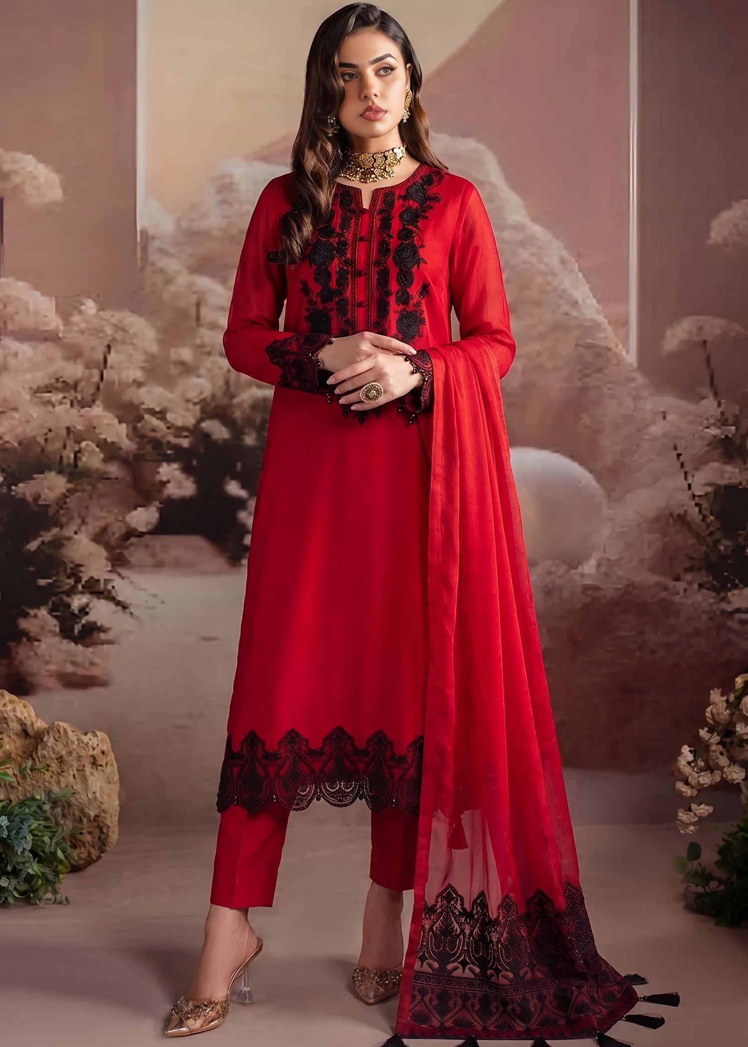 bemberg crinkle chiffon Kurta Set in Blood red