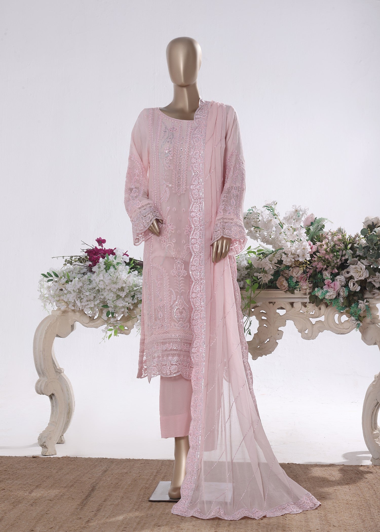 polyester chiffon Kurta Set in Peach pink