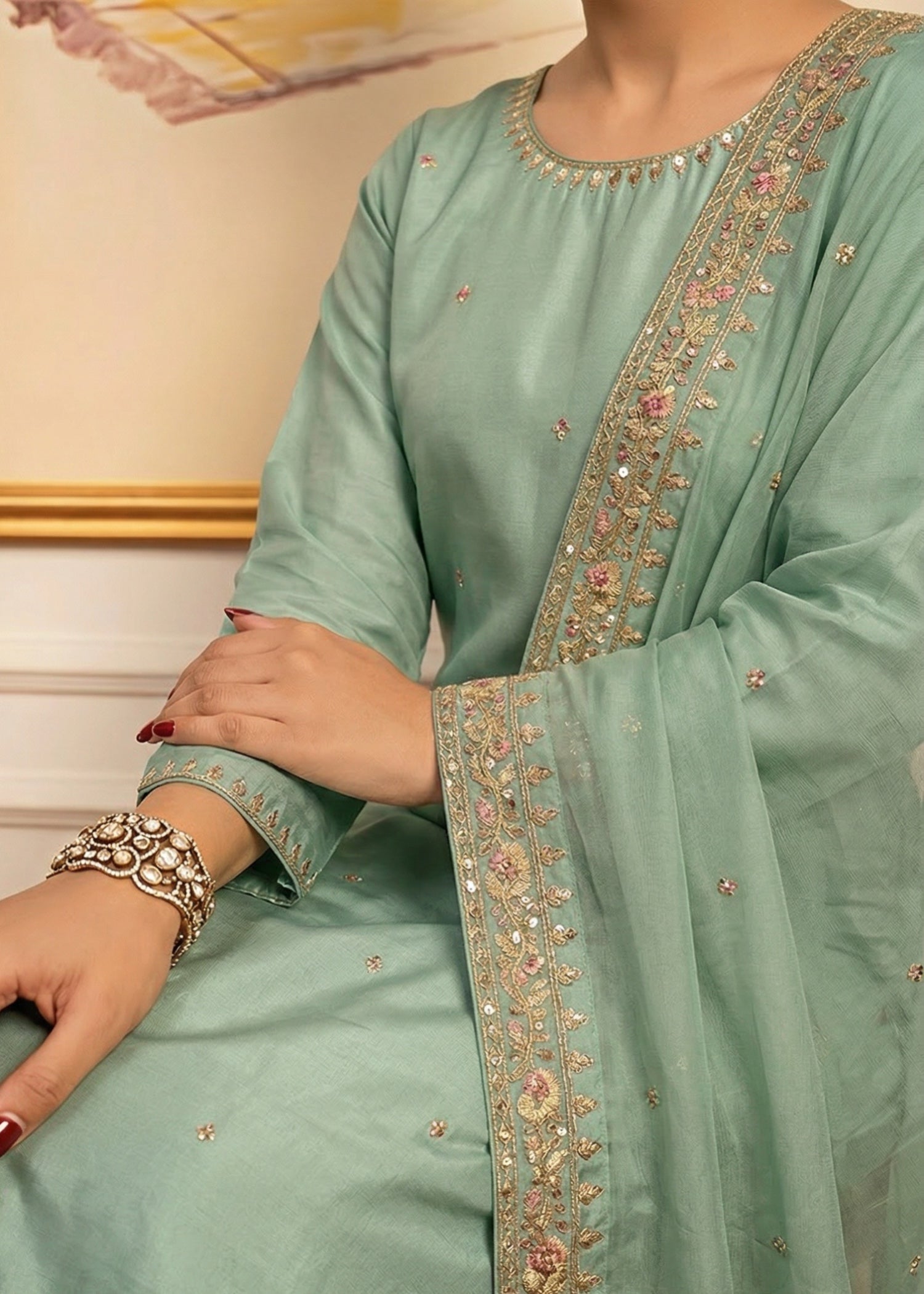 silk Kurta Set in Moss green