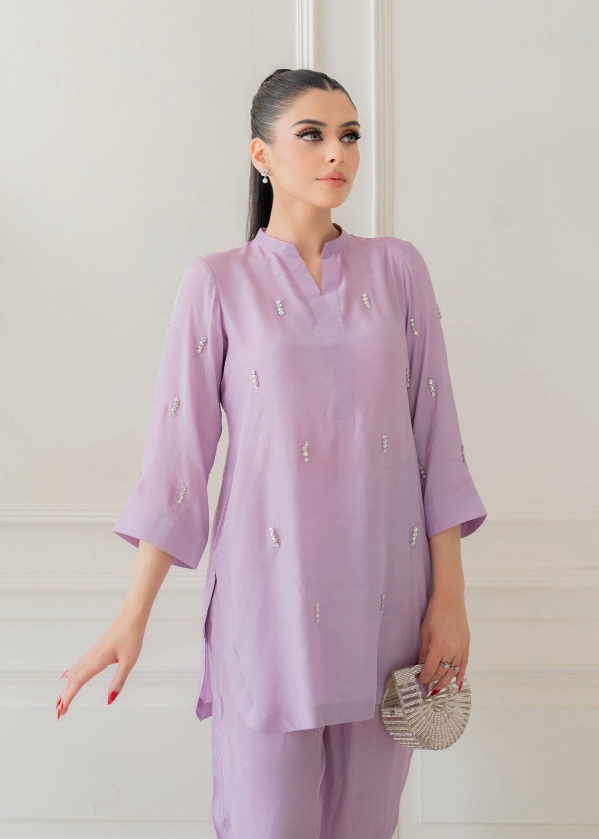 blended kattan silk Kurta Set in Lilac