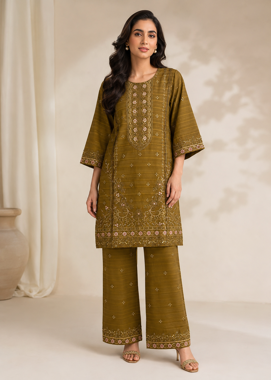 jacquard Kurta Set in Olive green
