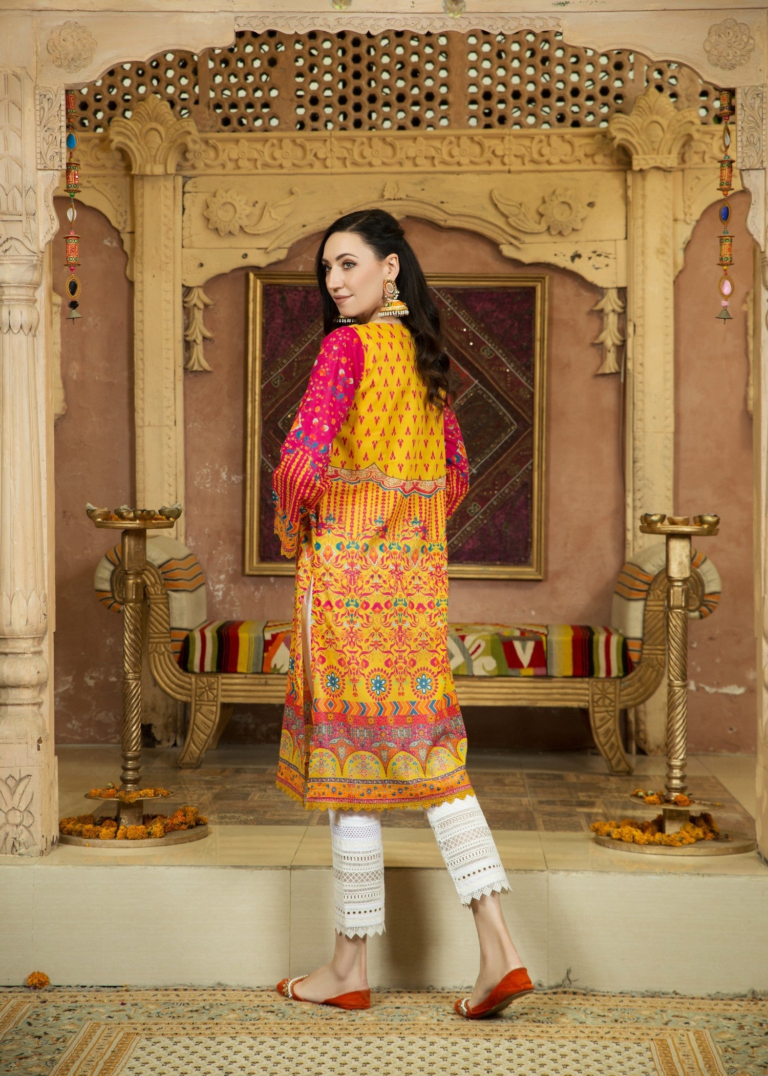 lawn Kurti in Gold, canary, deep pink