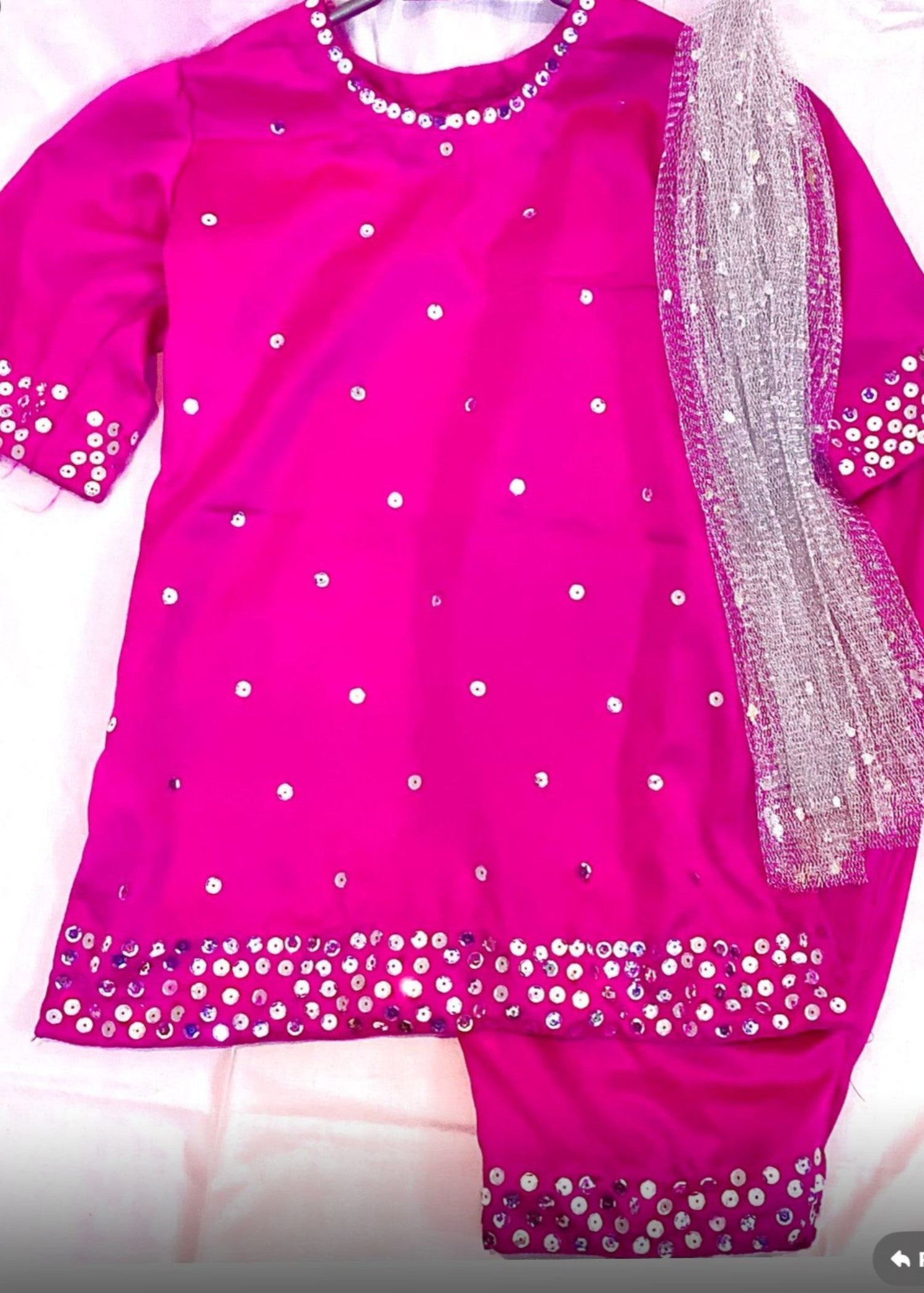 silk Kurta Set in Silver, shocking pink