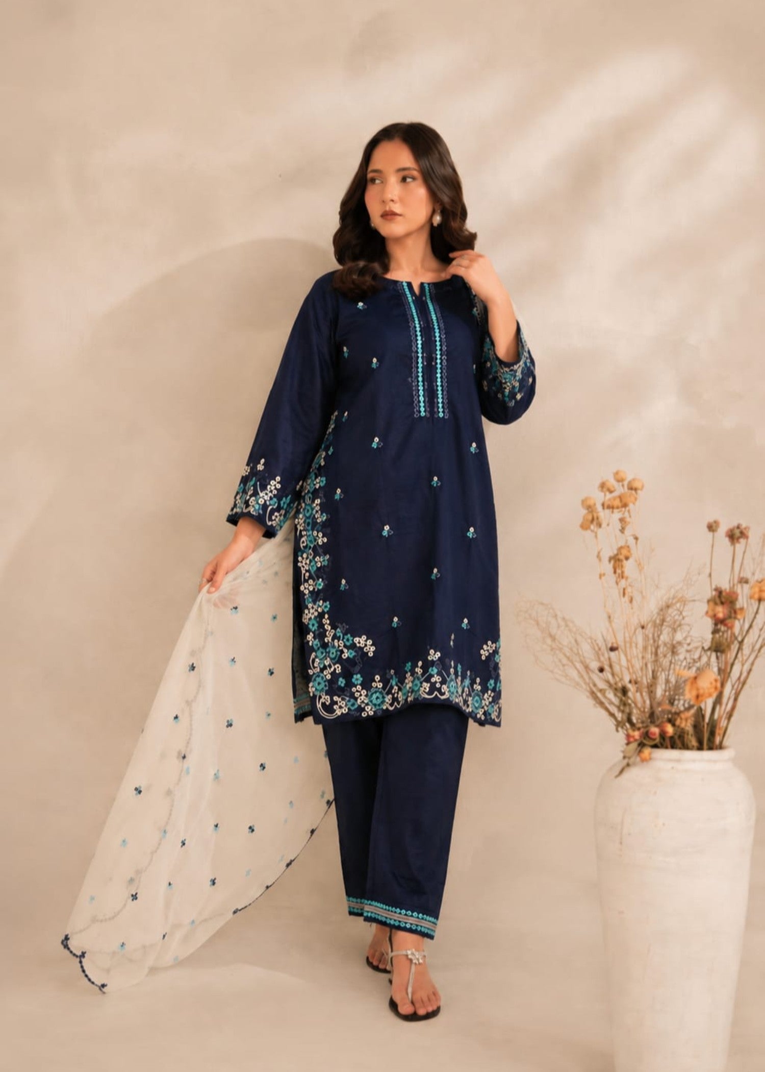 linen Kurta Set in Midnight blue