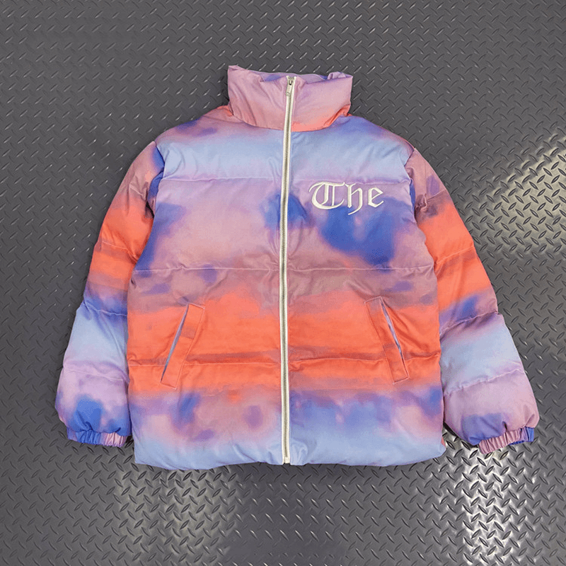 Hand-Filled Cotton Jacket with Printed Gradient Blue Sky and White Cloud Frame Colla