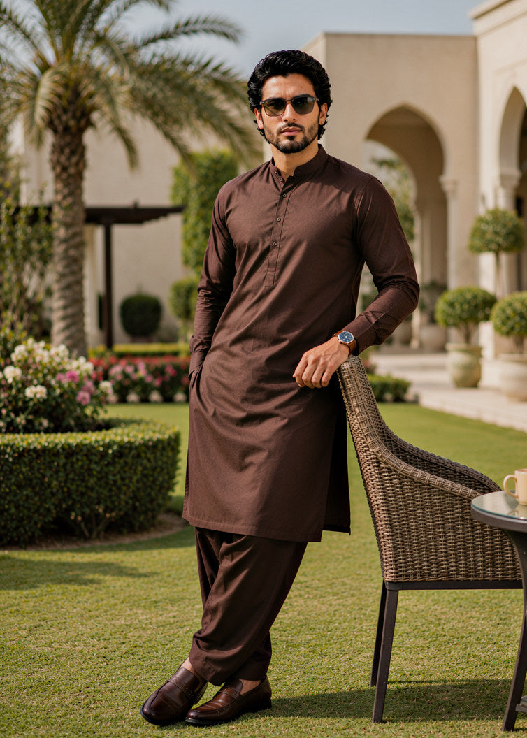 wash & wear Shalwar Kameez in Chocolate brown by Waqar Mustafa