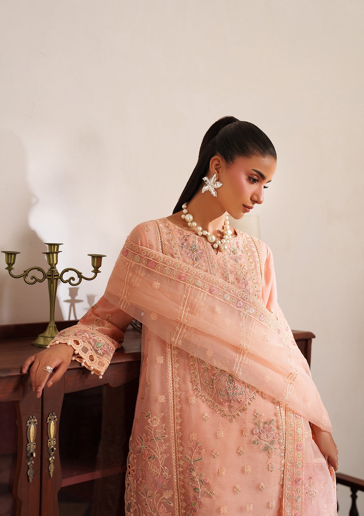 organza Kurta Set in Peach pink