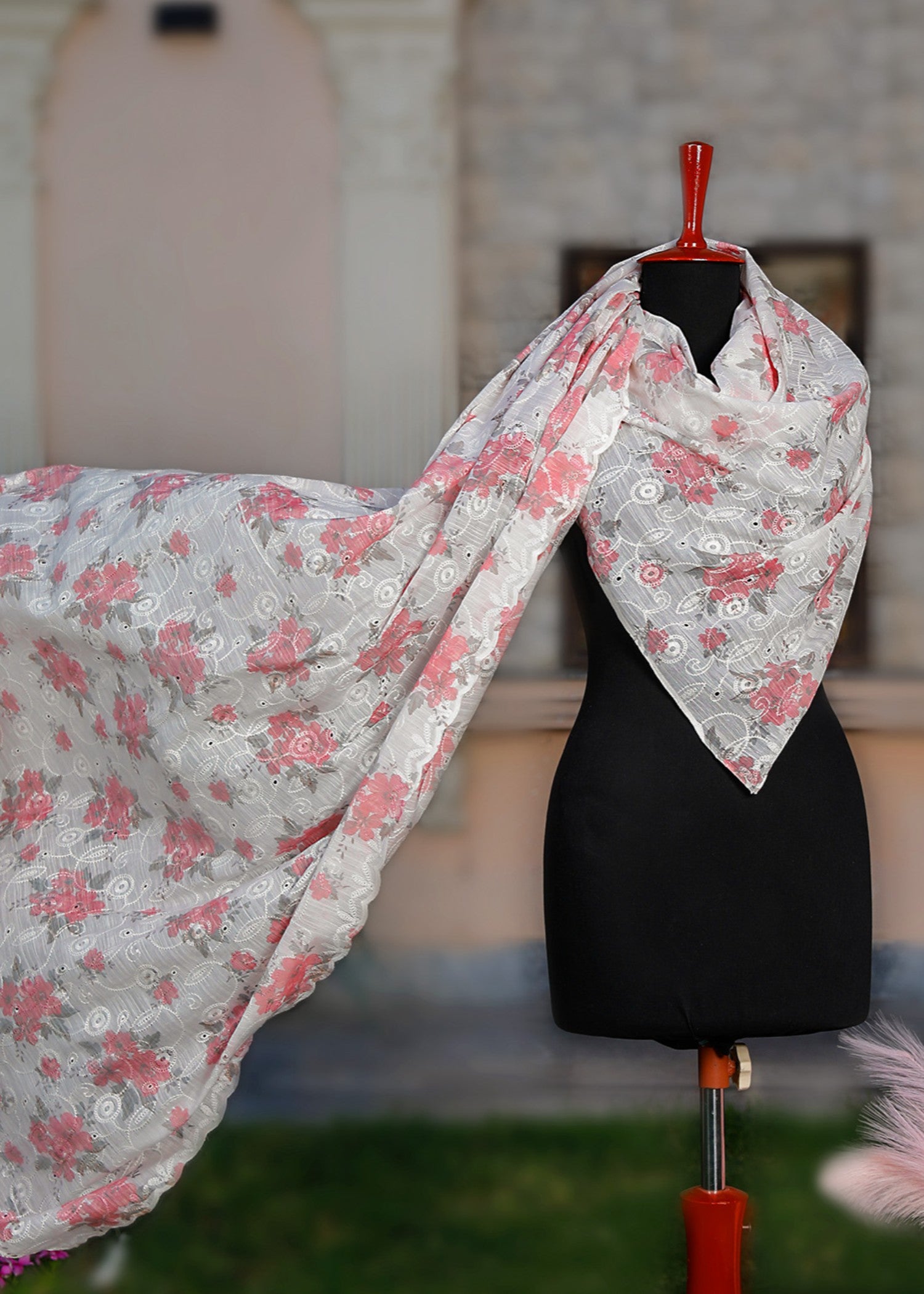 Dupatta in Coral pink, white Color by - Trendy Women Dupatta IZZ9317