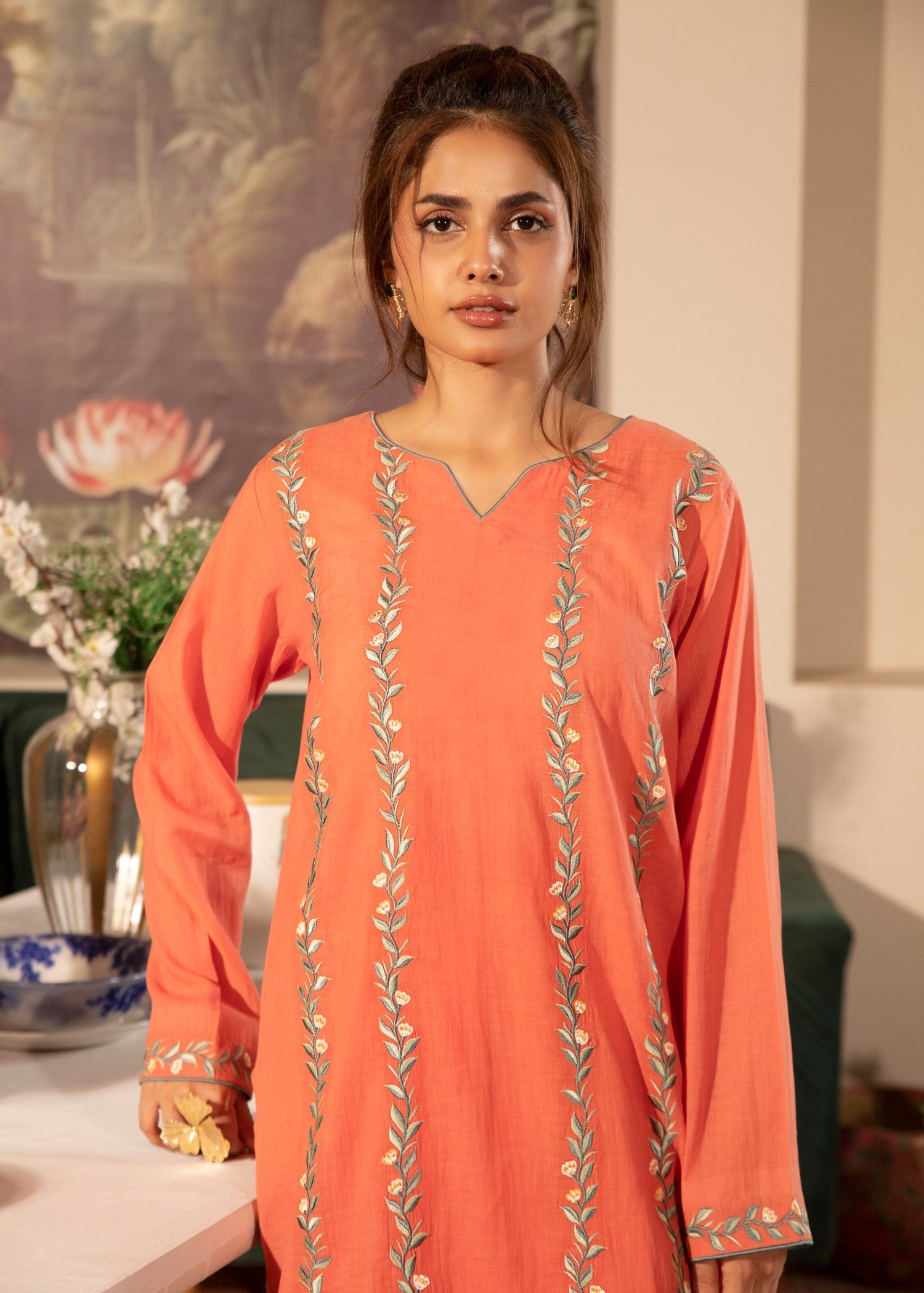 lawn Kurta Set in Sunset orange