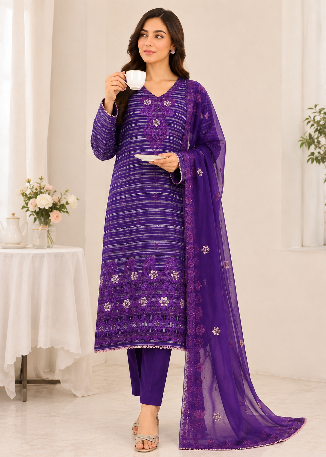 linen Kurta Set in Purple heart
