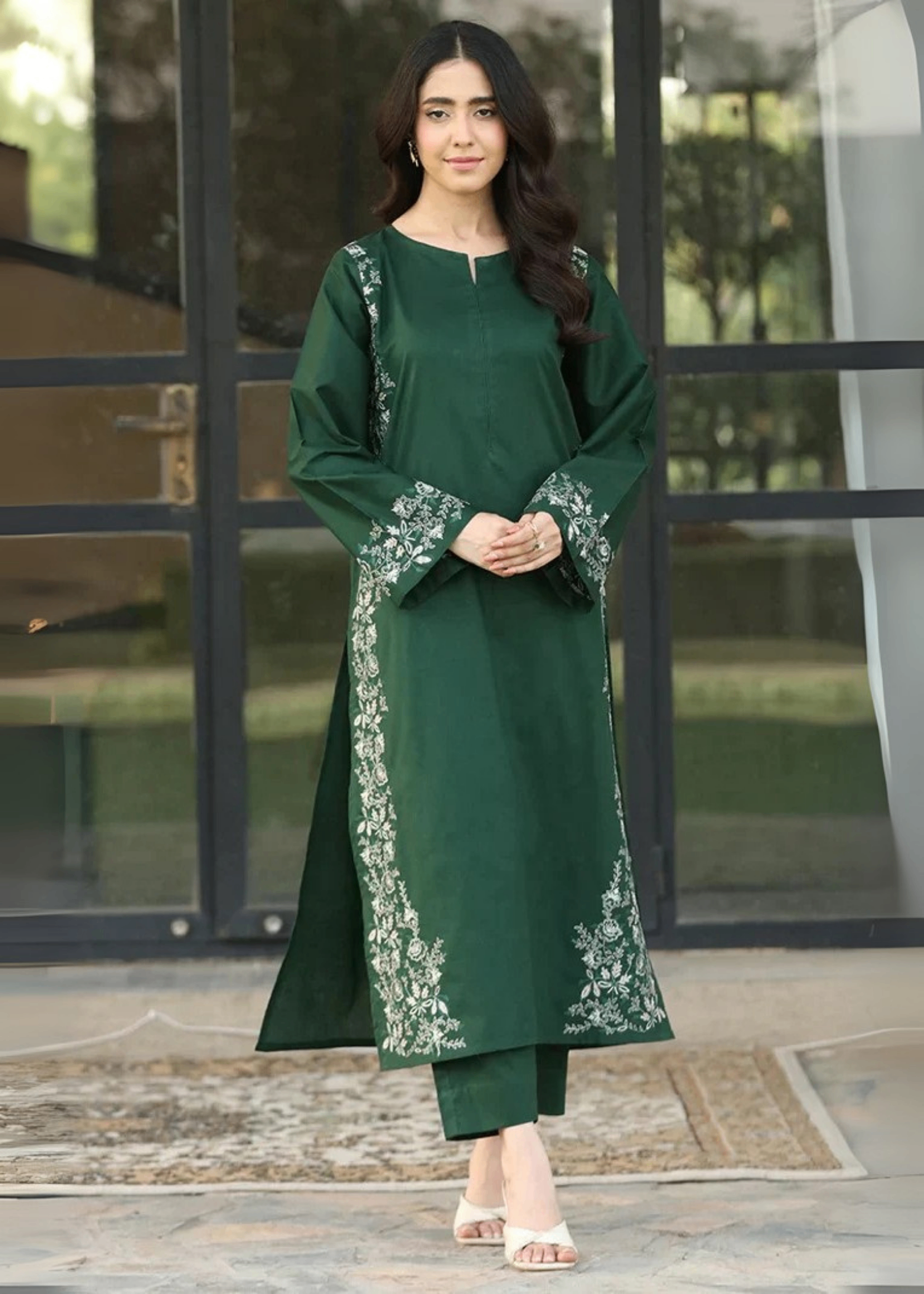 lawn cotton Kurta Set in Dark green