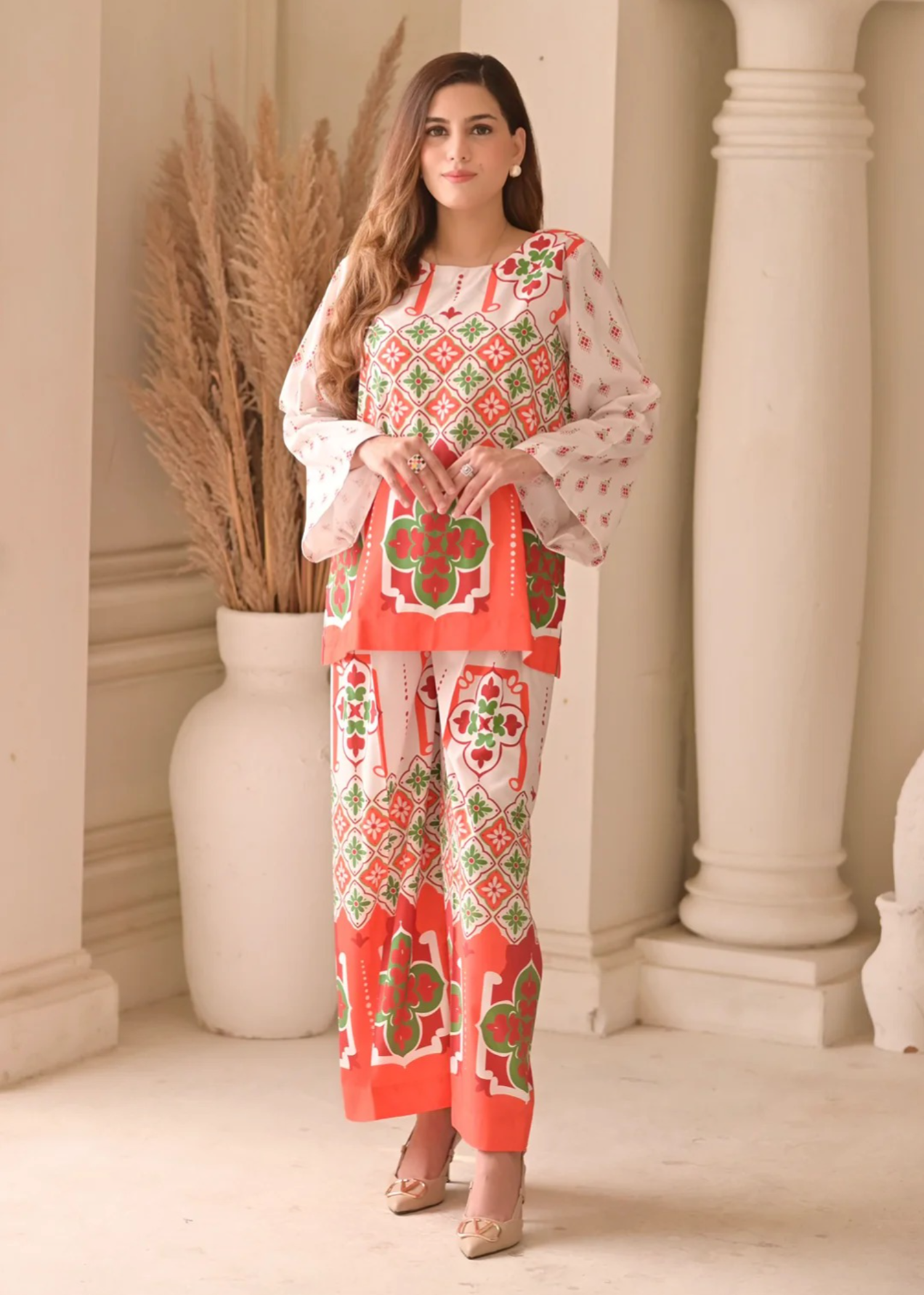 crepe Co ord Sets in Coral orange