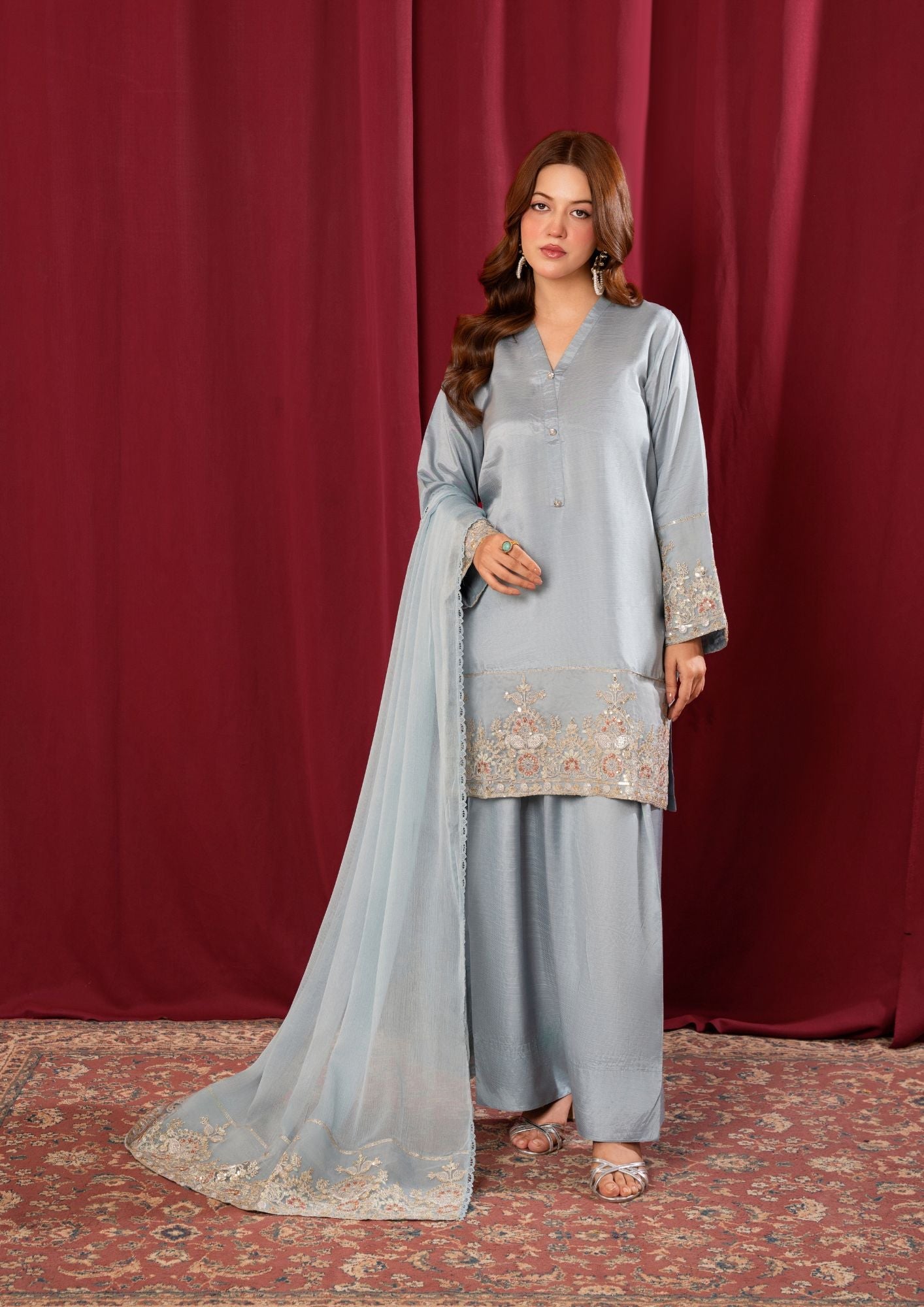 pk raw silk Kurta Set in Duck egg grey