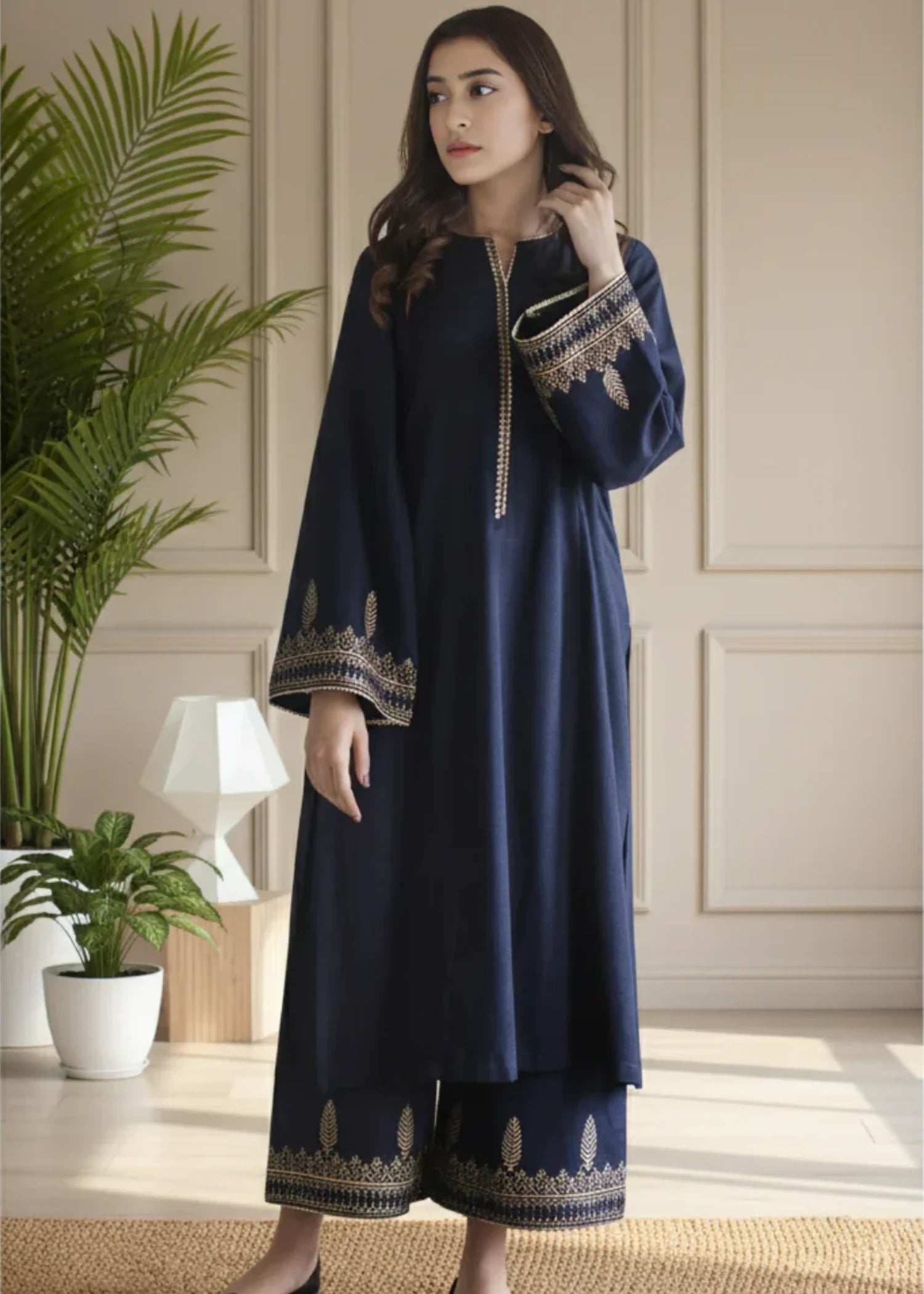 lawn cotton Kurta Set in Navy blue