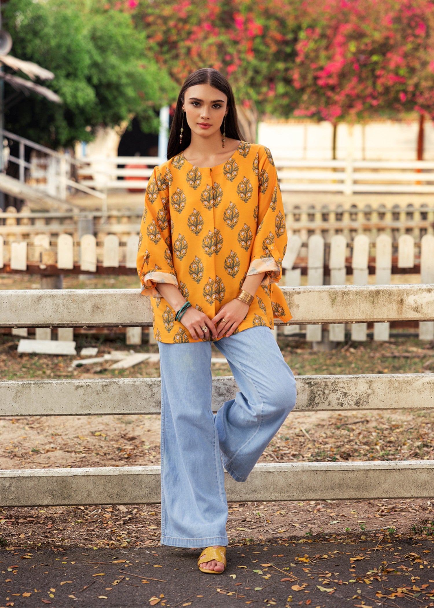 silk finish lawn Top in Orange