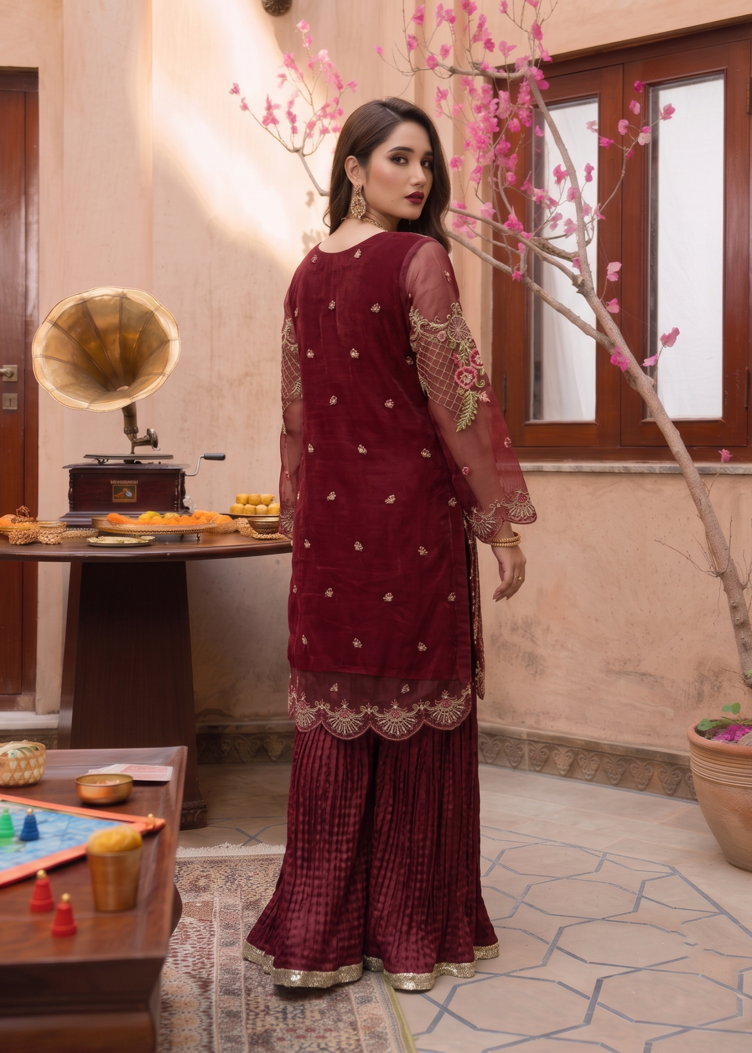 organza Gharara in Maroon